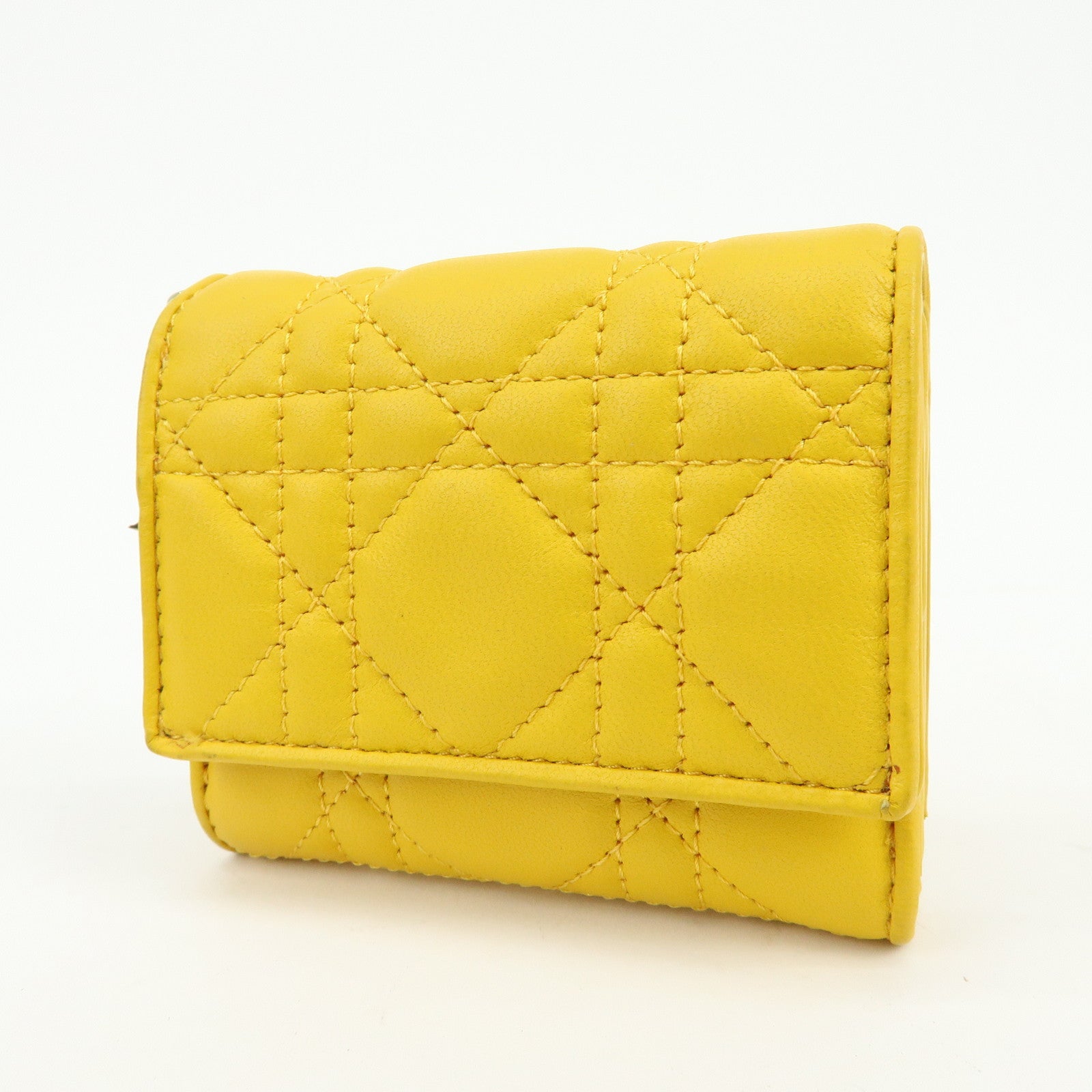 Christian Dior Lady Dior Cannage Leather Lotus Compact Wallet Yellow