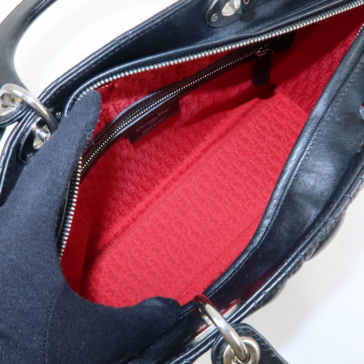Christian Dior Lady Dior Cannage Lamb Skin Hand Bag Black
