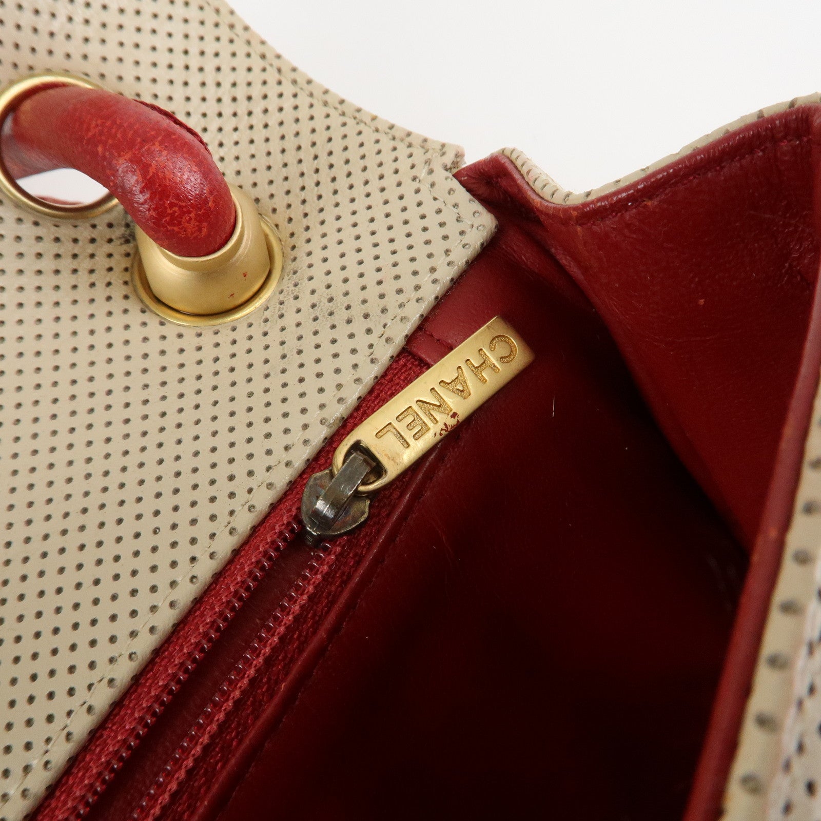 CHANEL COCO Mark Punching Leather Shoulder Bag Hand Bag Beige Red Used