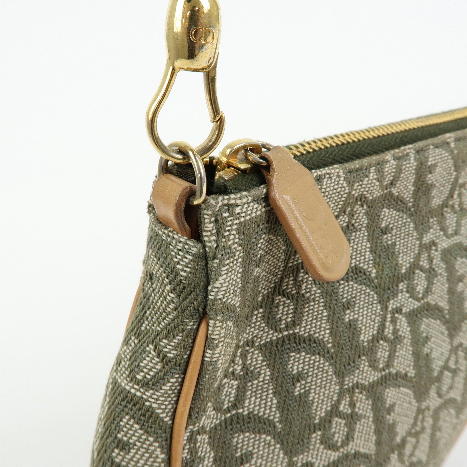 Christian Dior Trotter Saddle Jacquard Canvas Hand Bag Green Beige