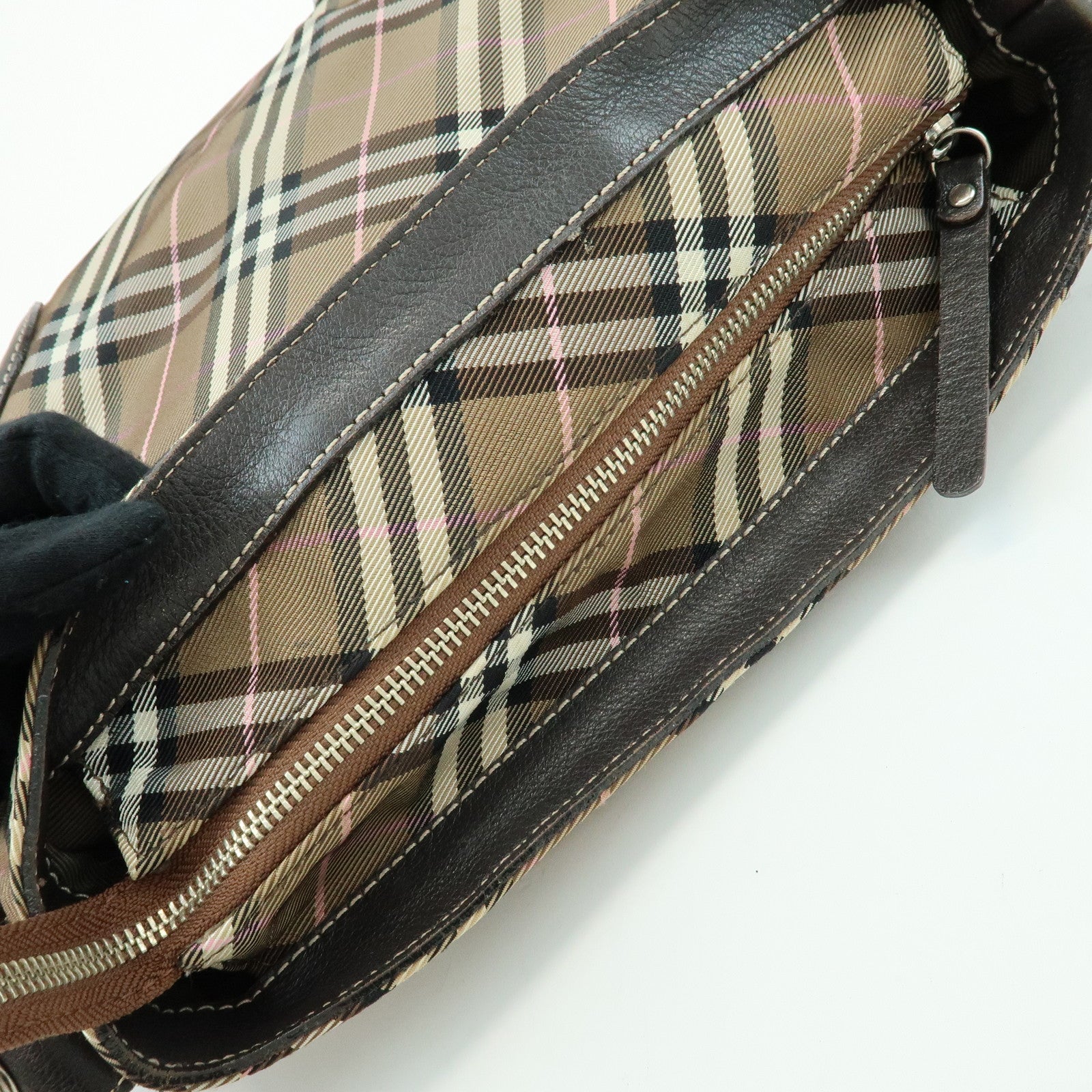 BURBERRY Nova Plaid Blue Label Canvas Leather Shoulder Bag Brown