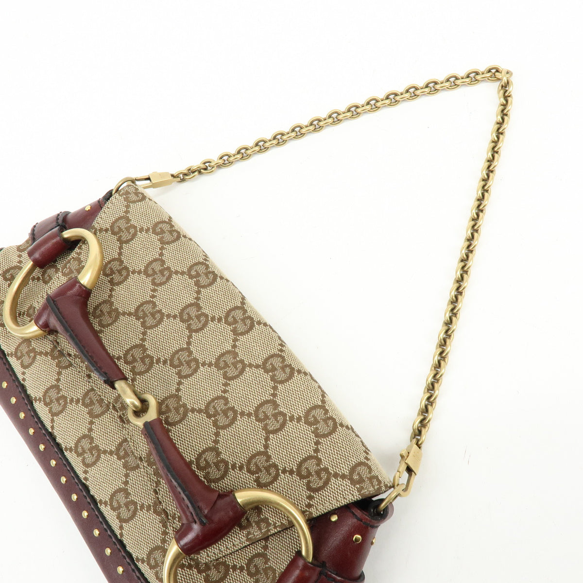 GUCCI Horsebit GG Canvas Leather Chain Hand Bag Brown Bordeaux 119186