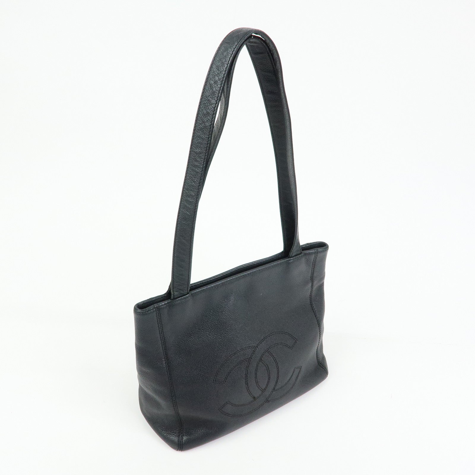 CHANEL COCO Mark Calf Skin Leather Tote Bag Shoulder Bag Black