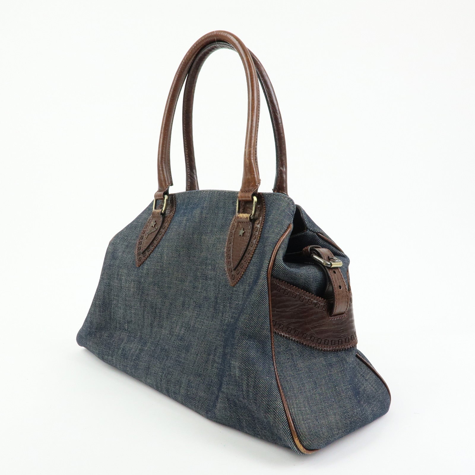 FENDI Etnico Leather Denim Tote Bag Shoulder Bag Brown Blue 8BN162