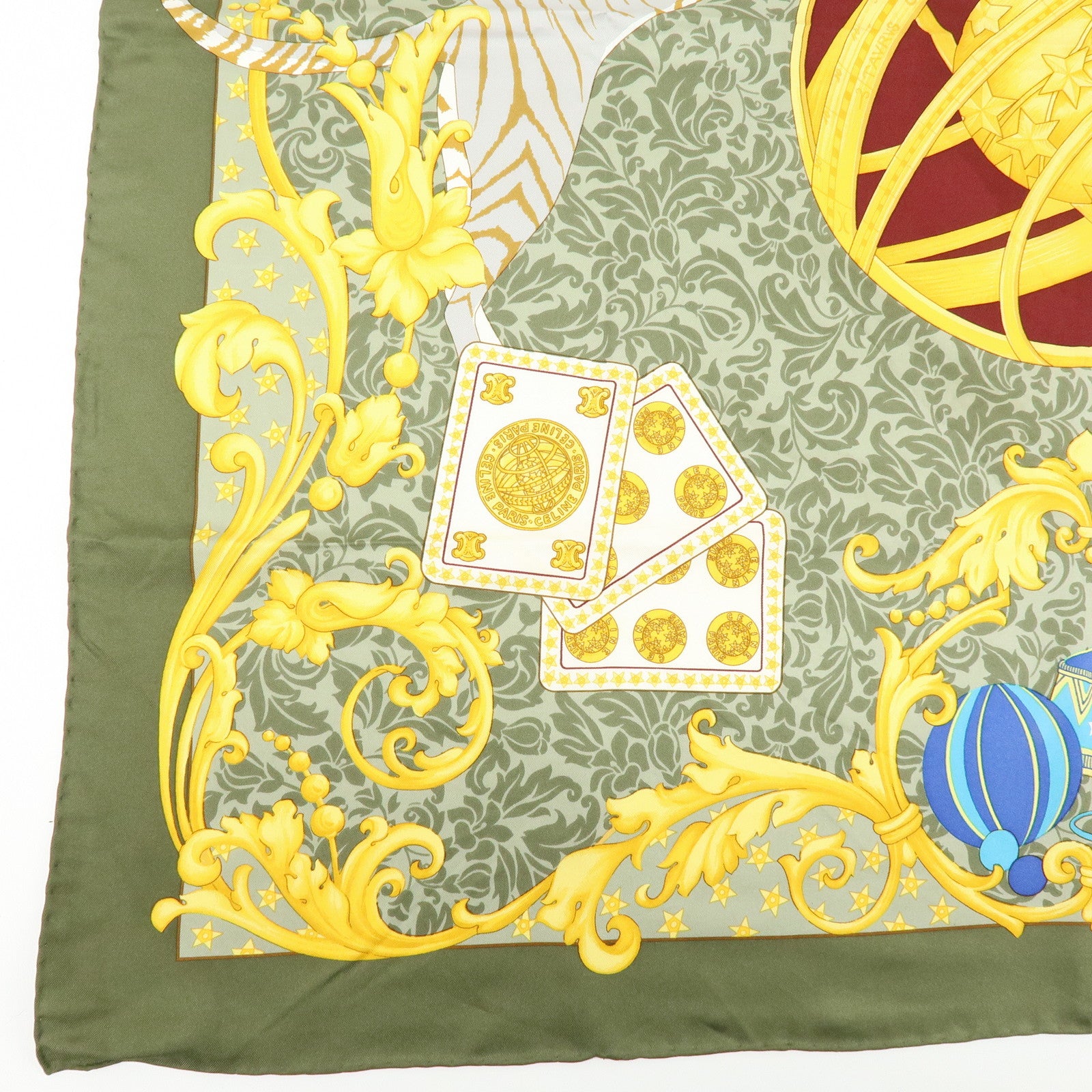 CELINE Silk100% Tiger Print Baroque Motif Scarf Shawl Green Yellow