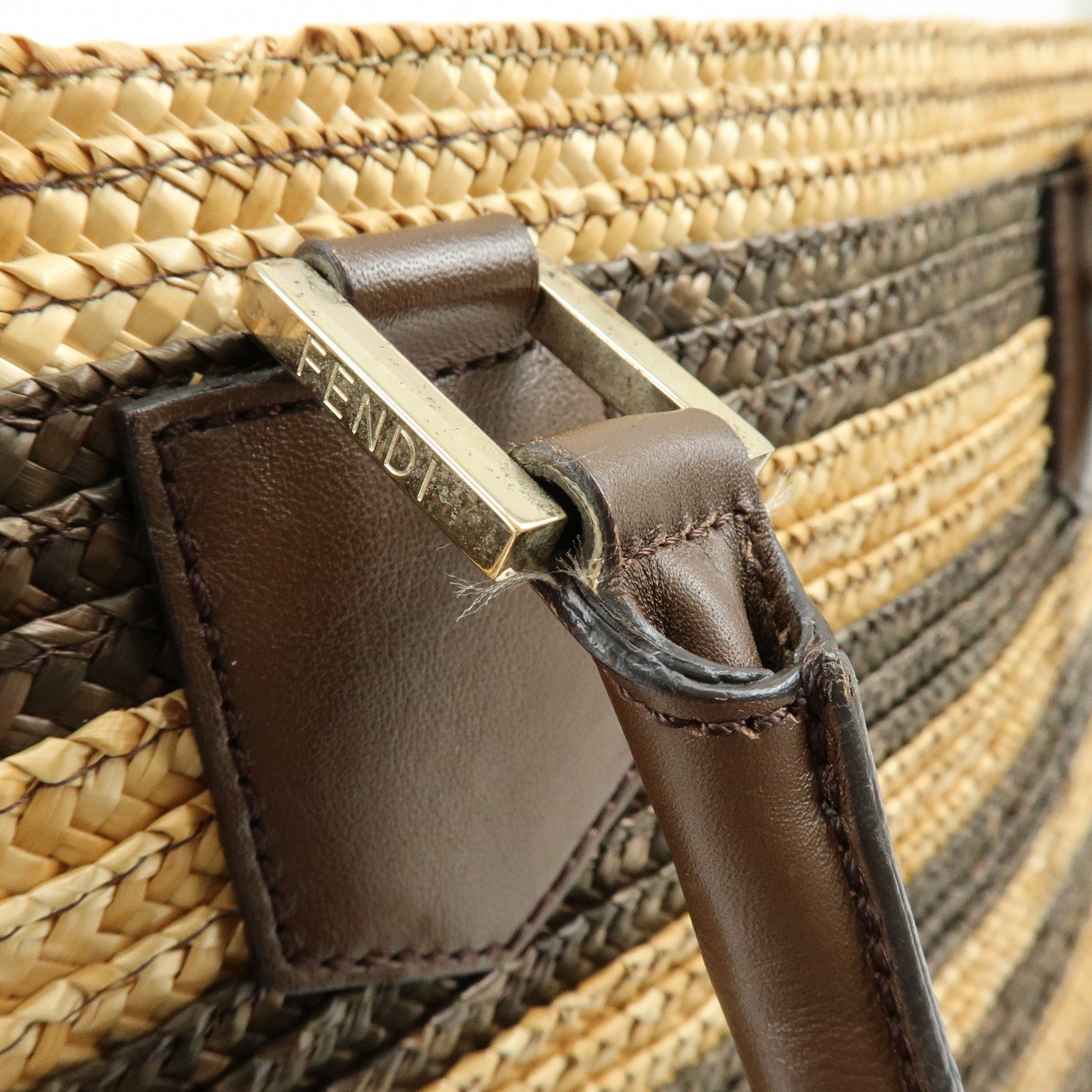 FENDI Pequin Raffia Leather Tote Bag Shoulder Bag Brown Natural