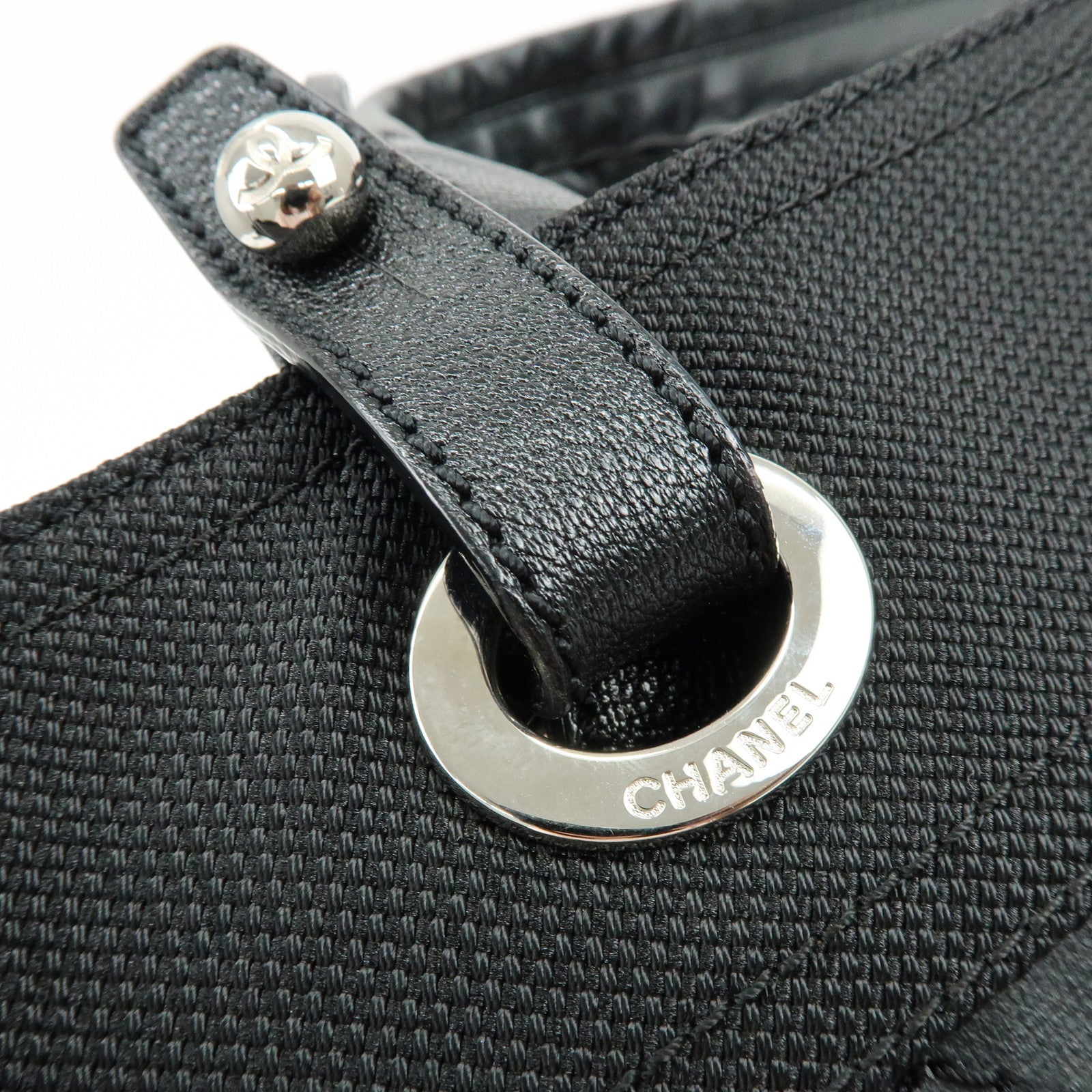 CHANEL Paris Biarritz COCO Mark Leather Canvas Tote Bag Black A34209