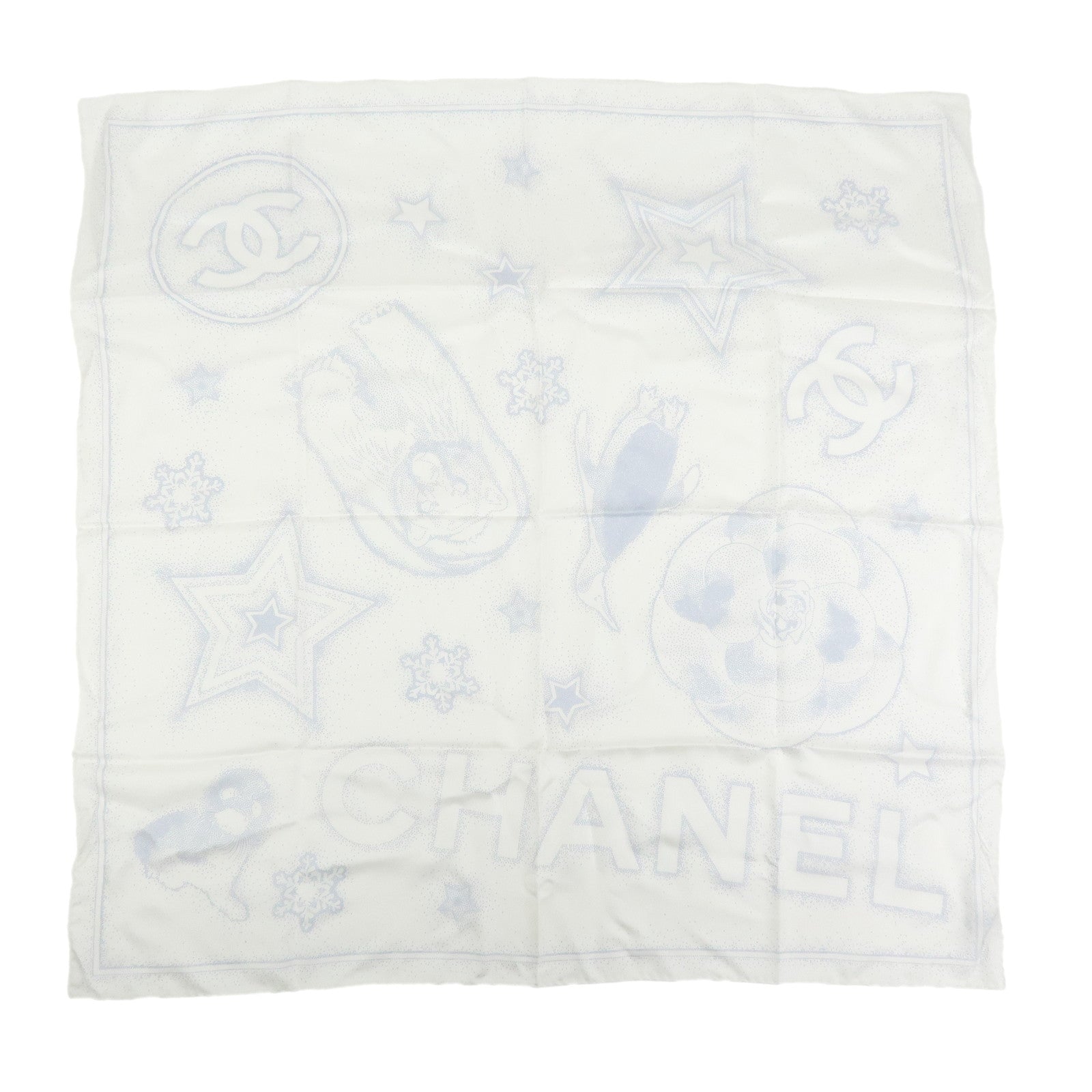 CHANEL Camelia COCO Mark Silk 100% Scarf Bear Penguin White Light Blue