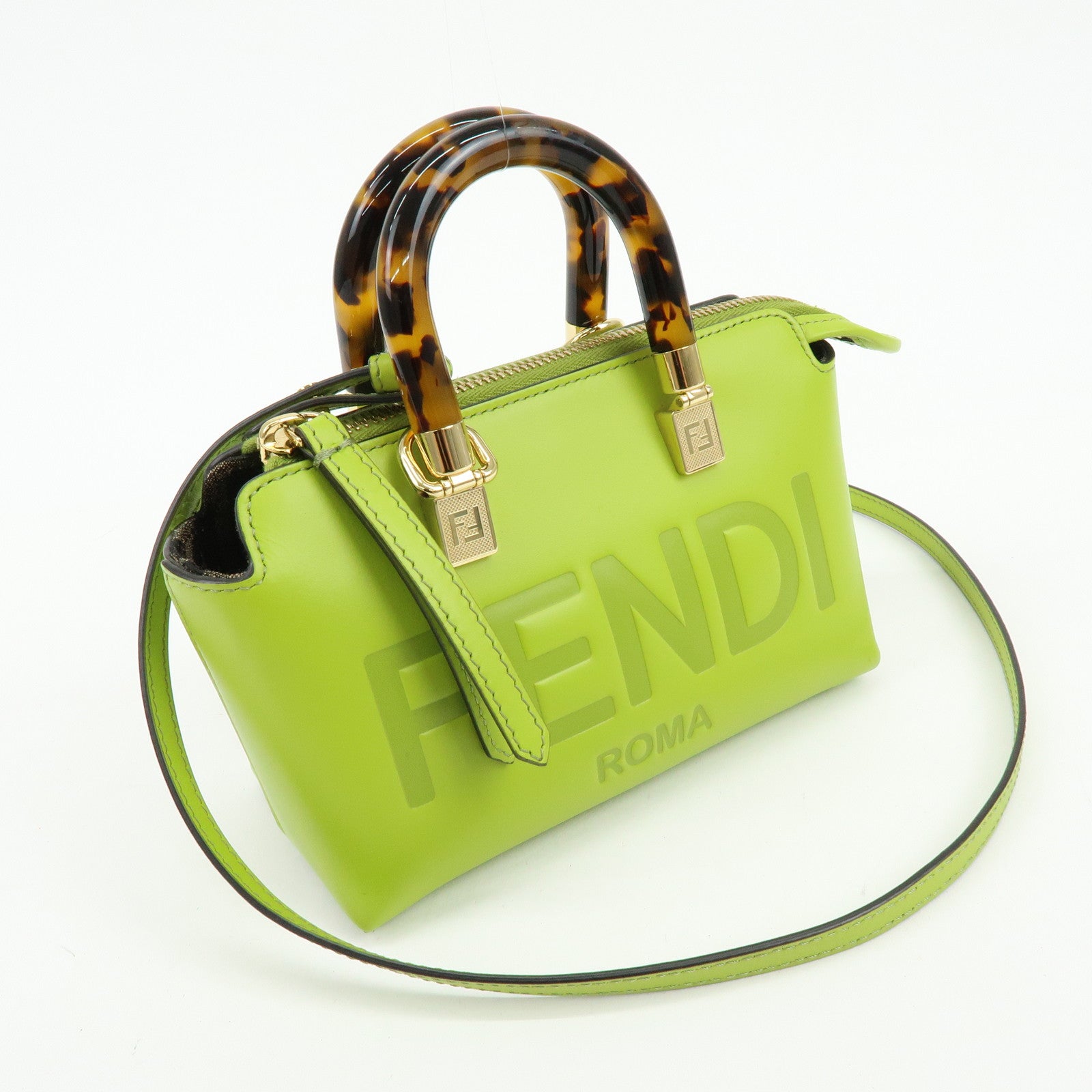 FENDI By the Way Leather 2Way Bag Mini Hand Bag Lime Green 8BS067