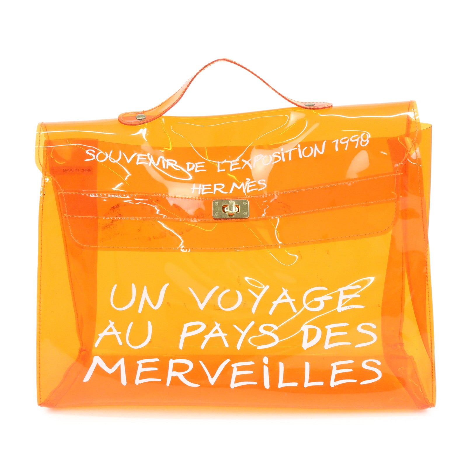 HERMES Kelly Vinyl Hand Bag Clear Orange