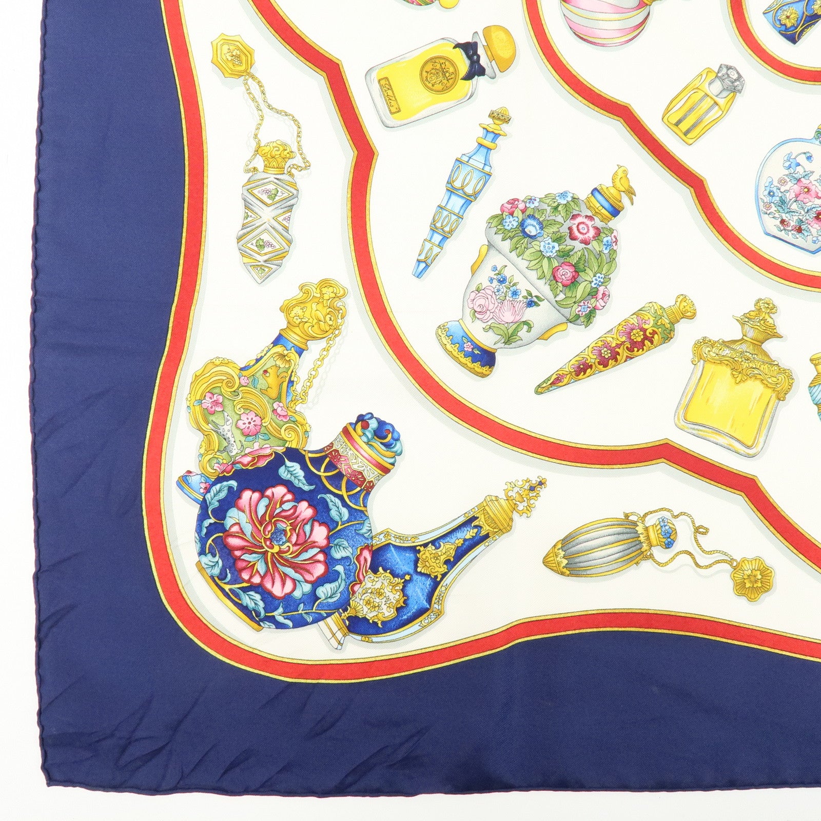 HERMES Carre 90 Silk 100% Scarf Qu'importe le flacon Navy White