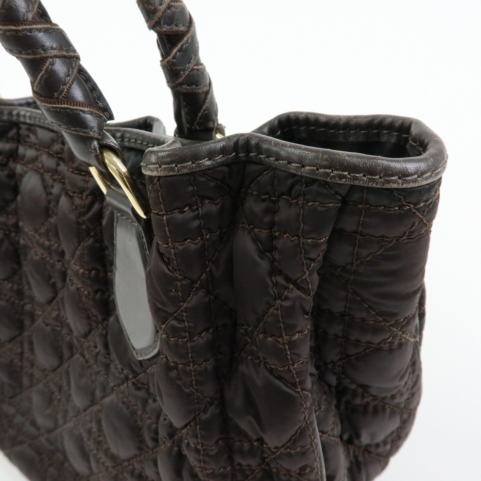 Christian Dior Lady Dior Cannage Nylon Leather Hand Bag Tote Bag Brown