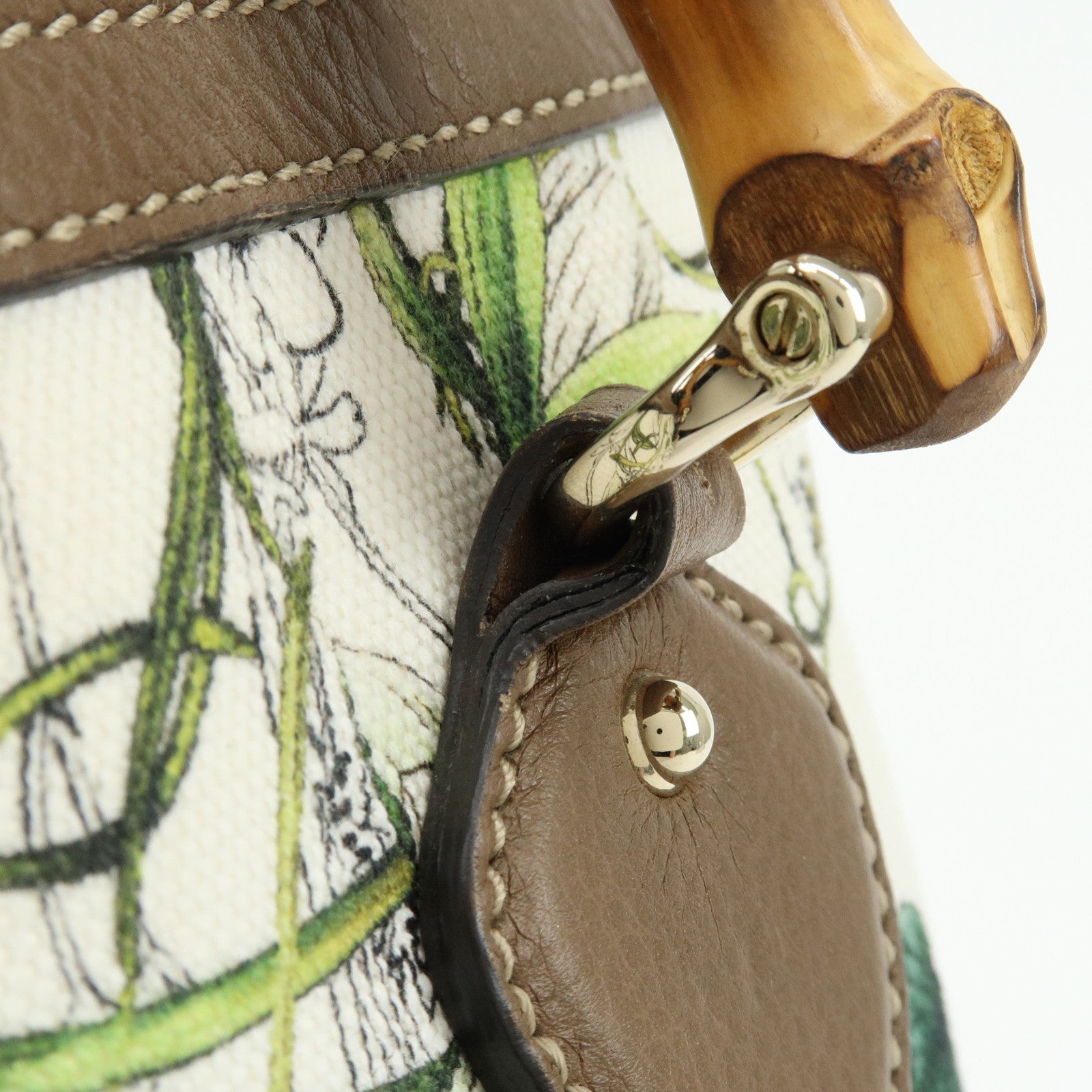 GUCCI Bamboo Canvas Leather 2Way Hand Bag Flower Print Brown 308360
