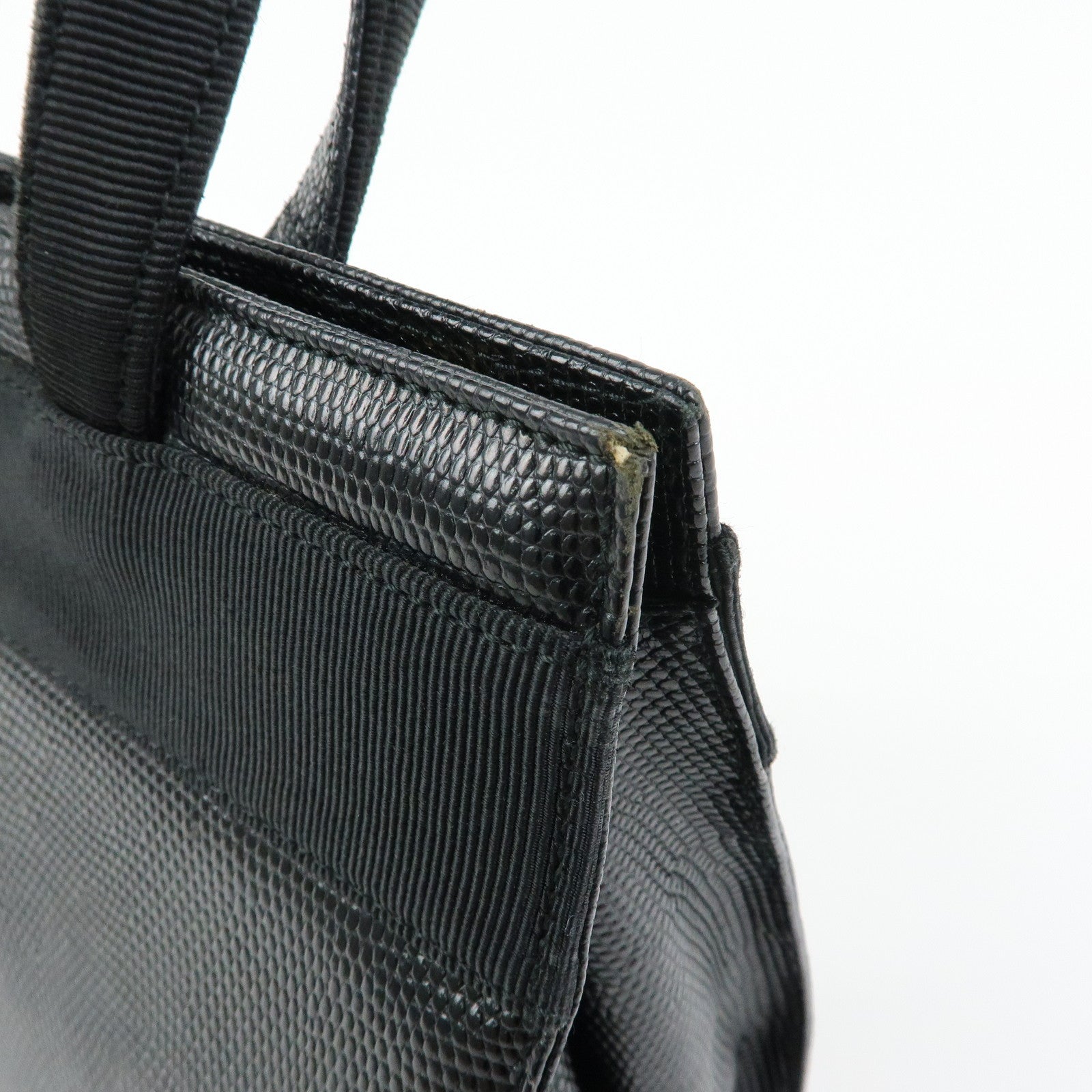 Ferragamo Vara Ribbon Embossed Leather Canvas 2Way Hand Bag Black