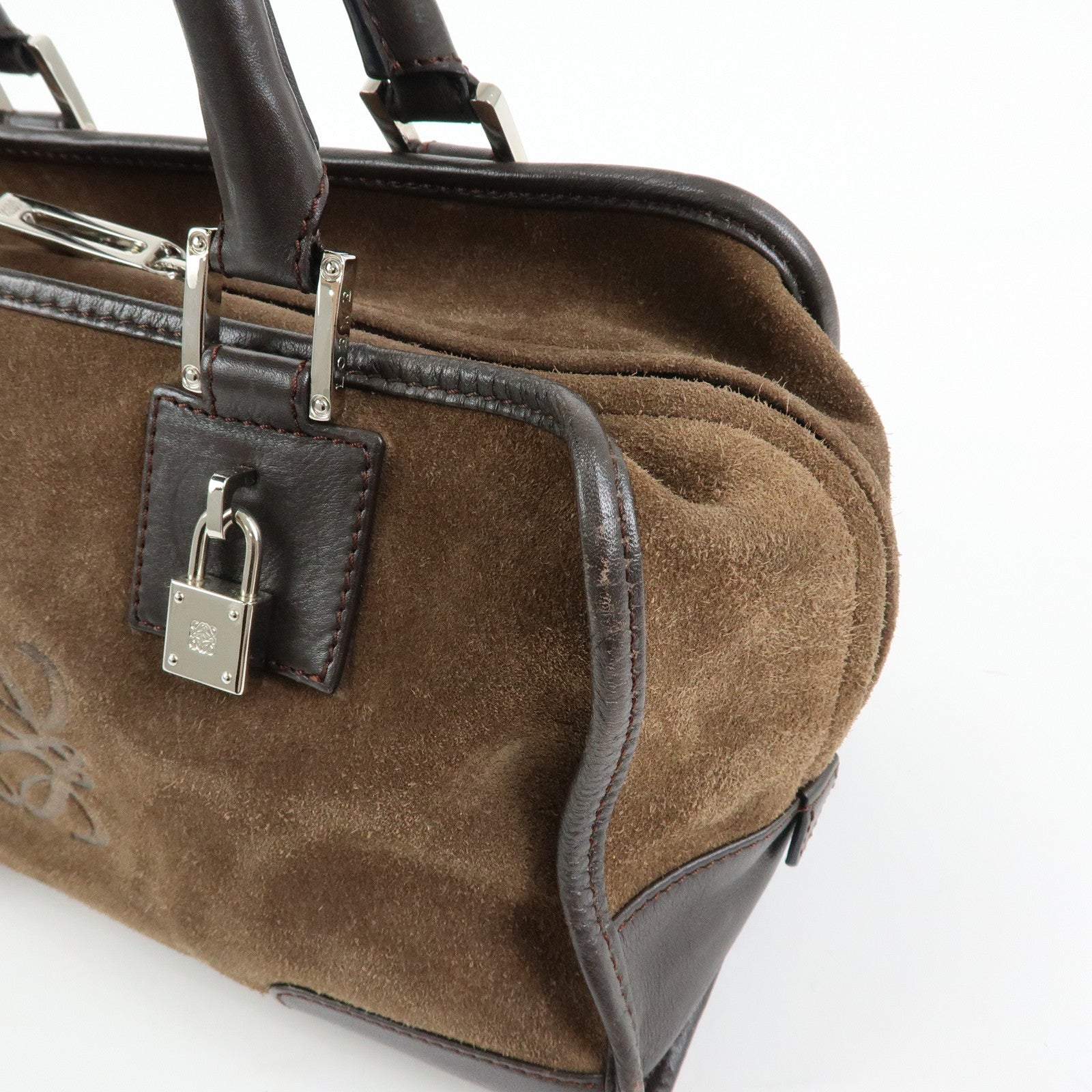 LOEWE Anagram Amazona 28 Suede Leather Hand Bag Boston Bag Brown