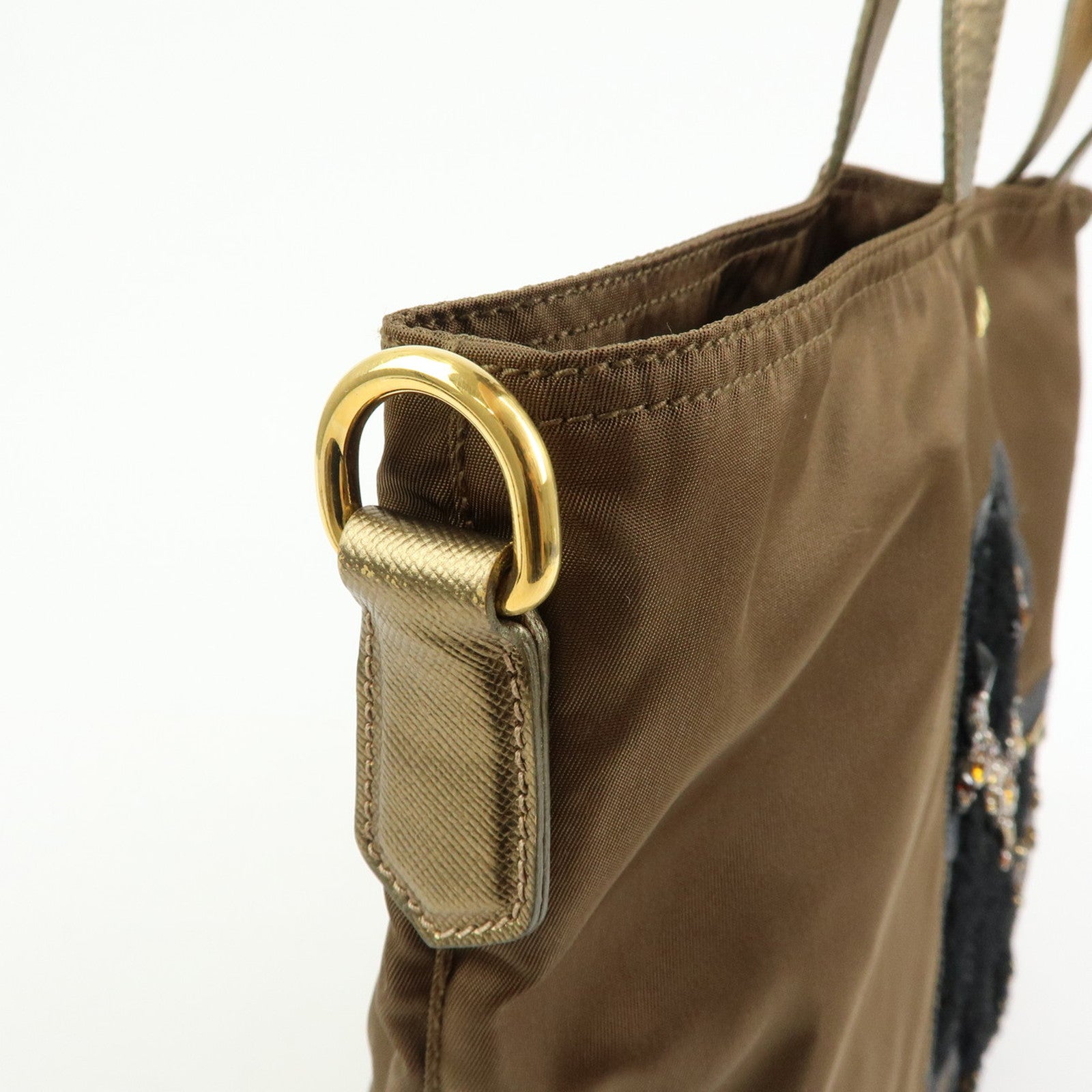 PRADA Bijoux Bear Motif Nylon Saffiano Leather Tote Bag Khaki Gold