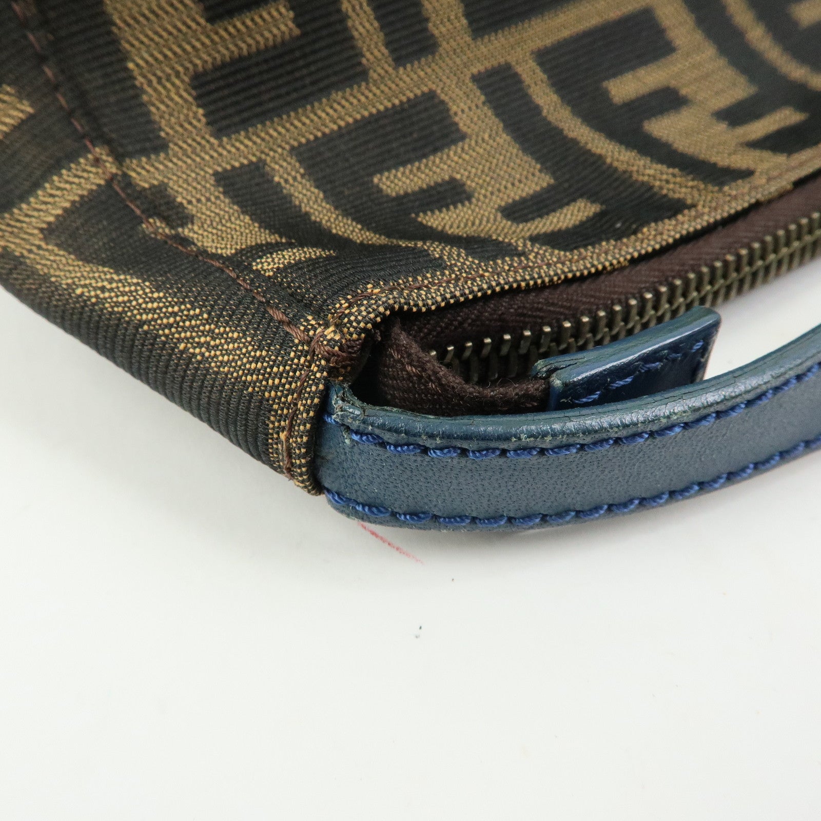 FENDI Zucca Canvas Leather Hand Bag Accessory Pouch Brown Blue 8N0005