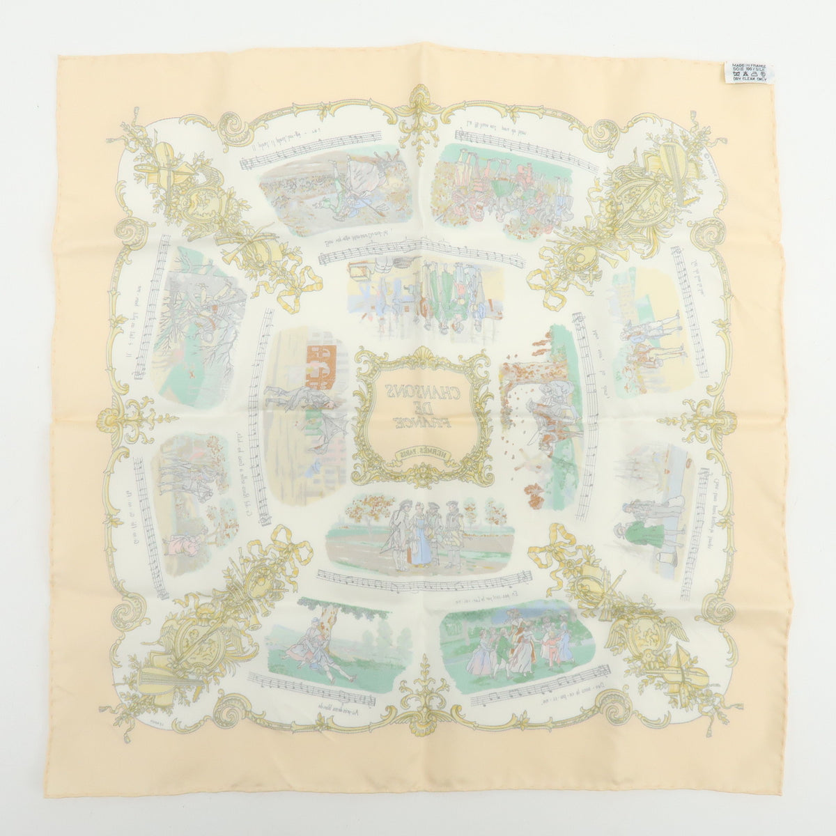HERMES Carre 45 Silk 100% Scarf CHANSONS DE FRANCE Beige Multicolor