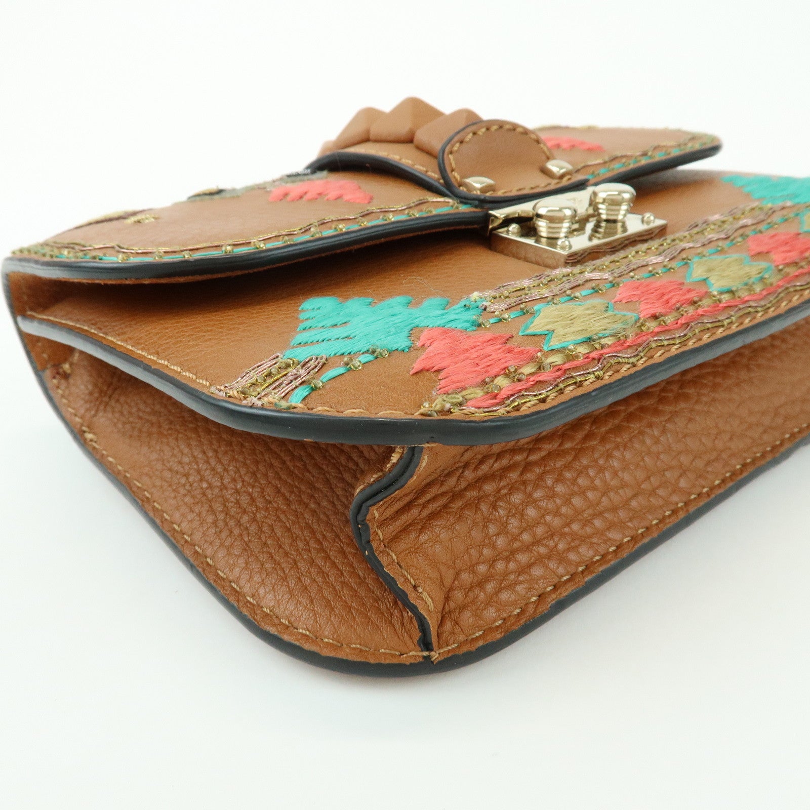 VALENTINO Glam Lock Embroidery Leather Chain Shoulder Bag Brown