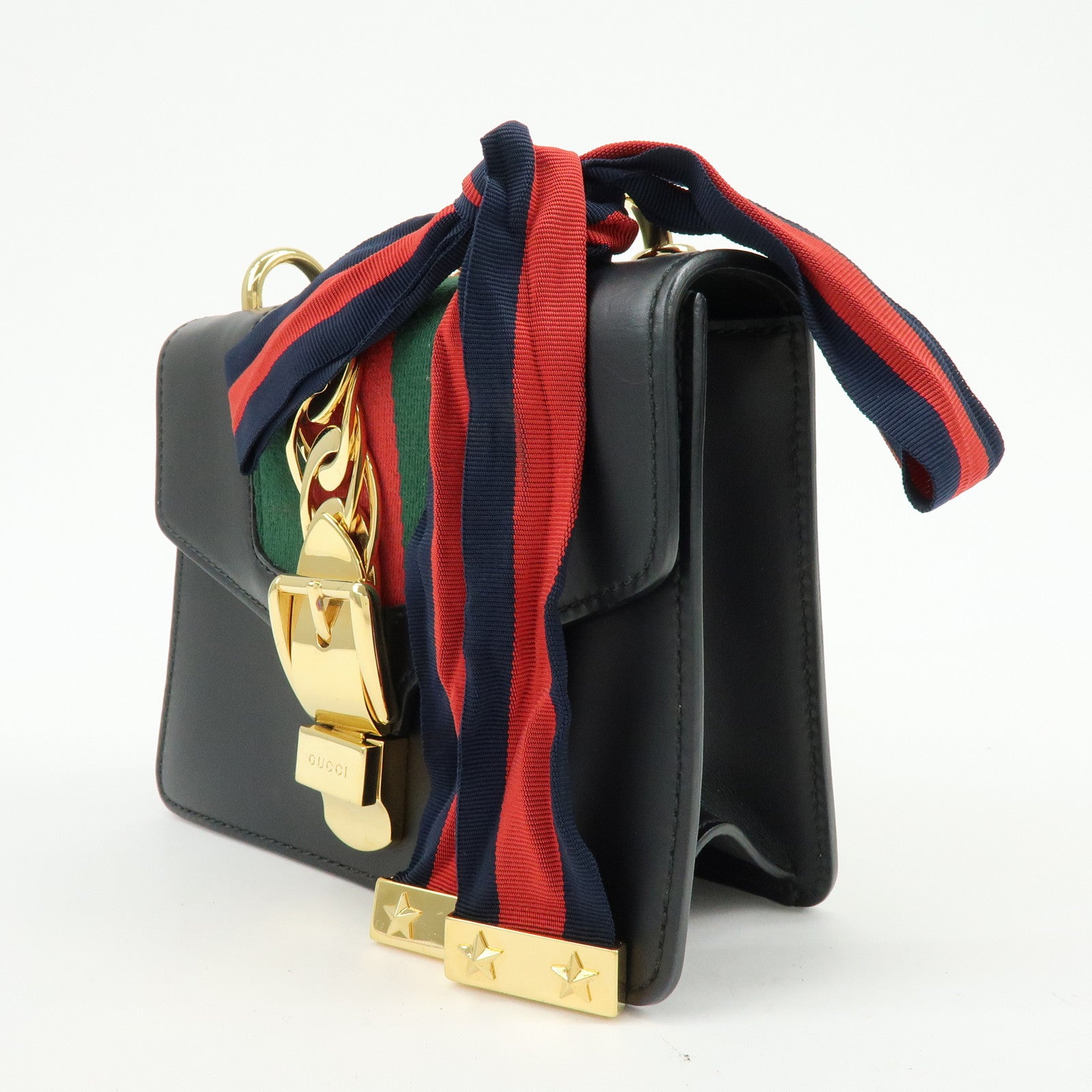 GUCCI Sylvie Sherry Calf Leather Chain Shoulder Bag Black 431666