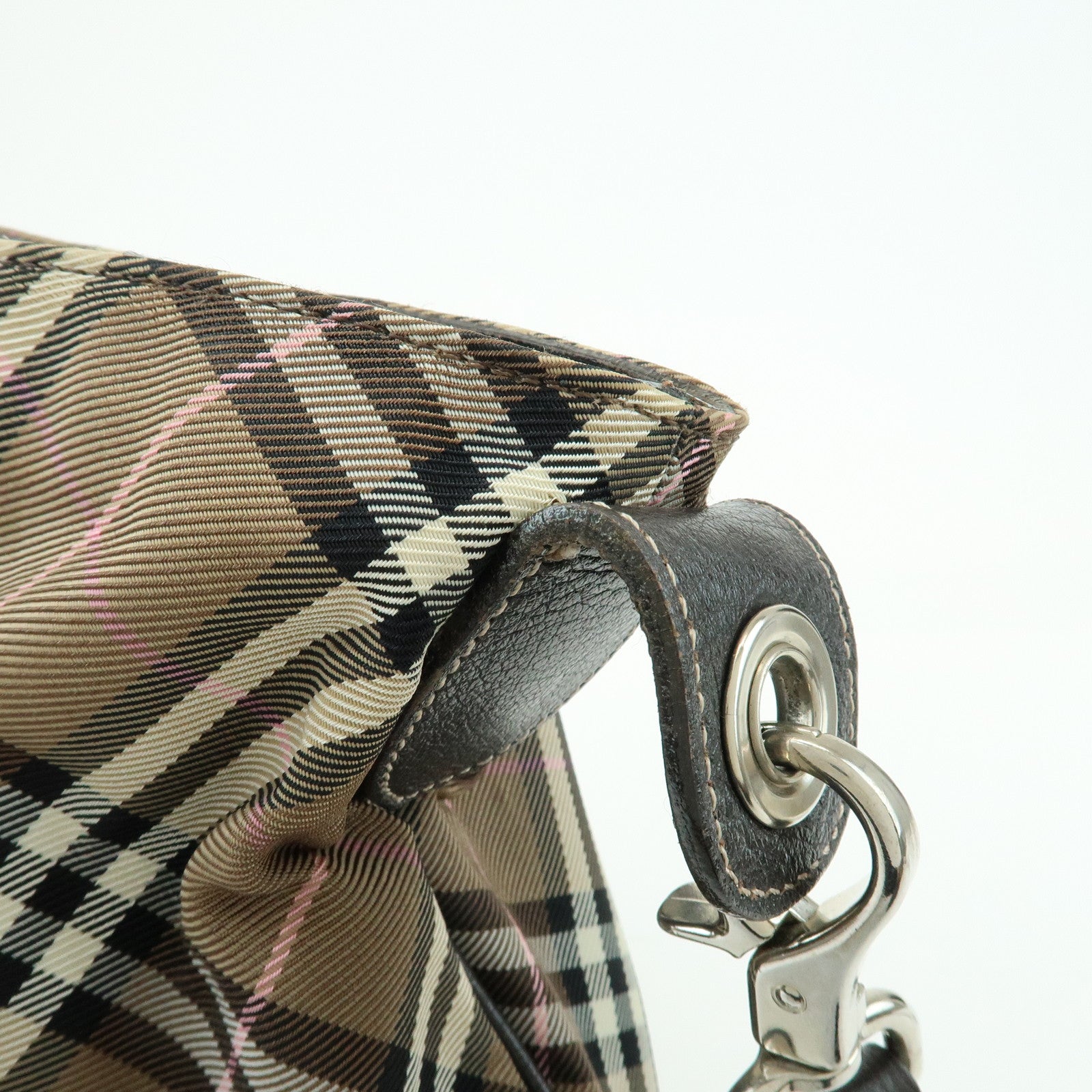BURBERRY Nova Plaid Blue Label Canvas Leather Shoulder Bag Brown