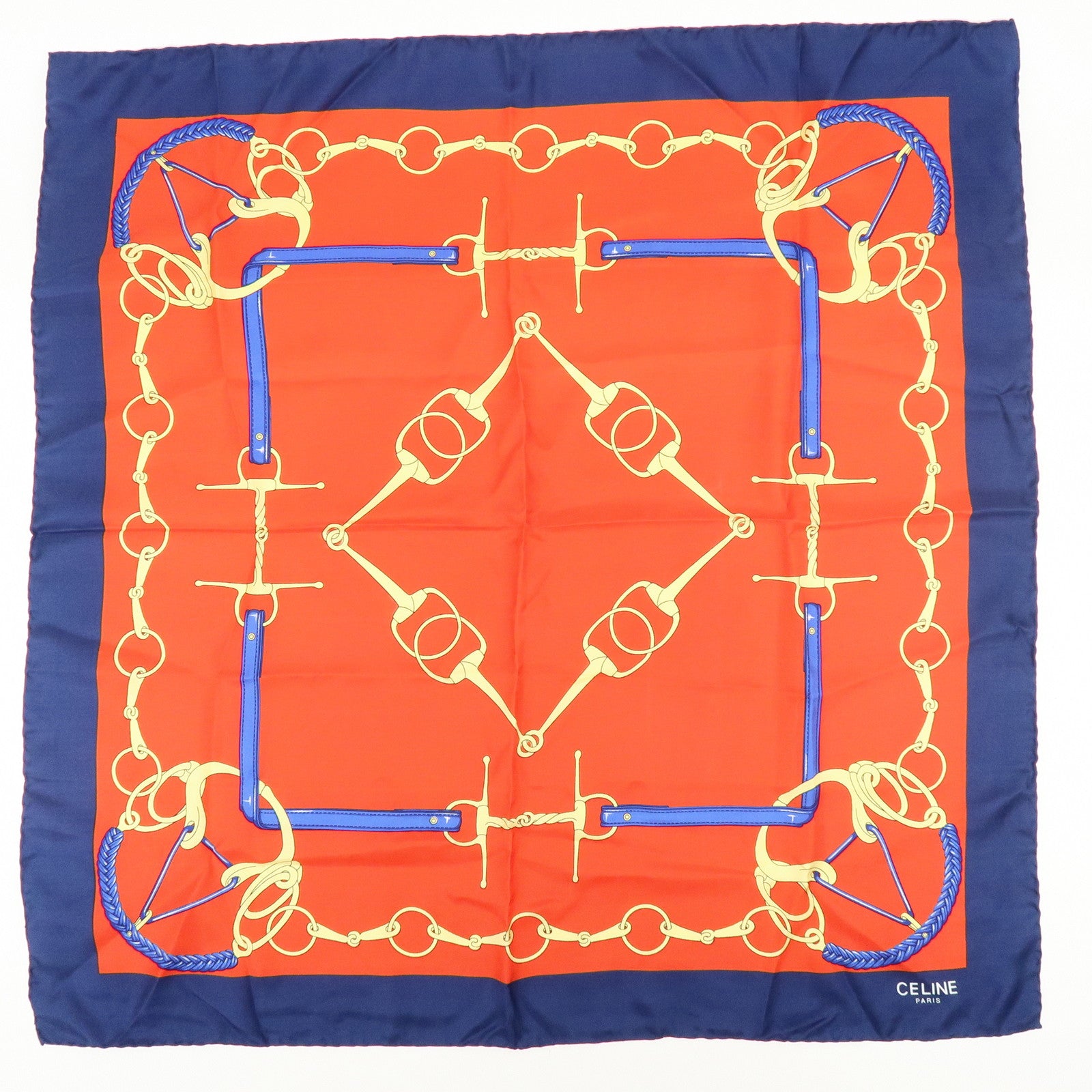 CELINE Set of 2 Silk 100% Scarf Stole Navy Red Gold