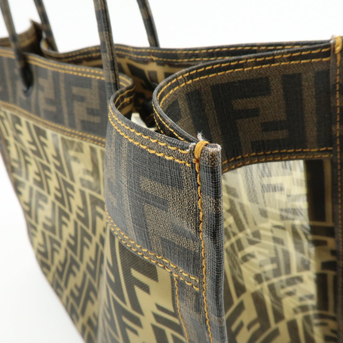 FENDI Zucca PVC Mesh Leather Tote Bag Shoulder Bag Brown Black 8BH183