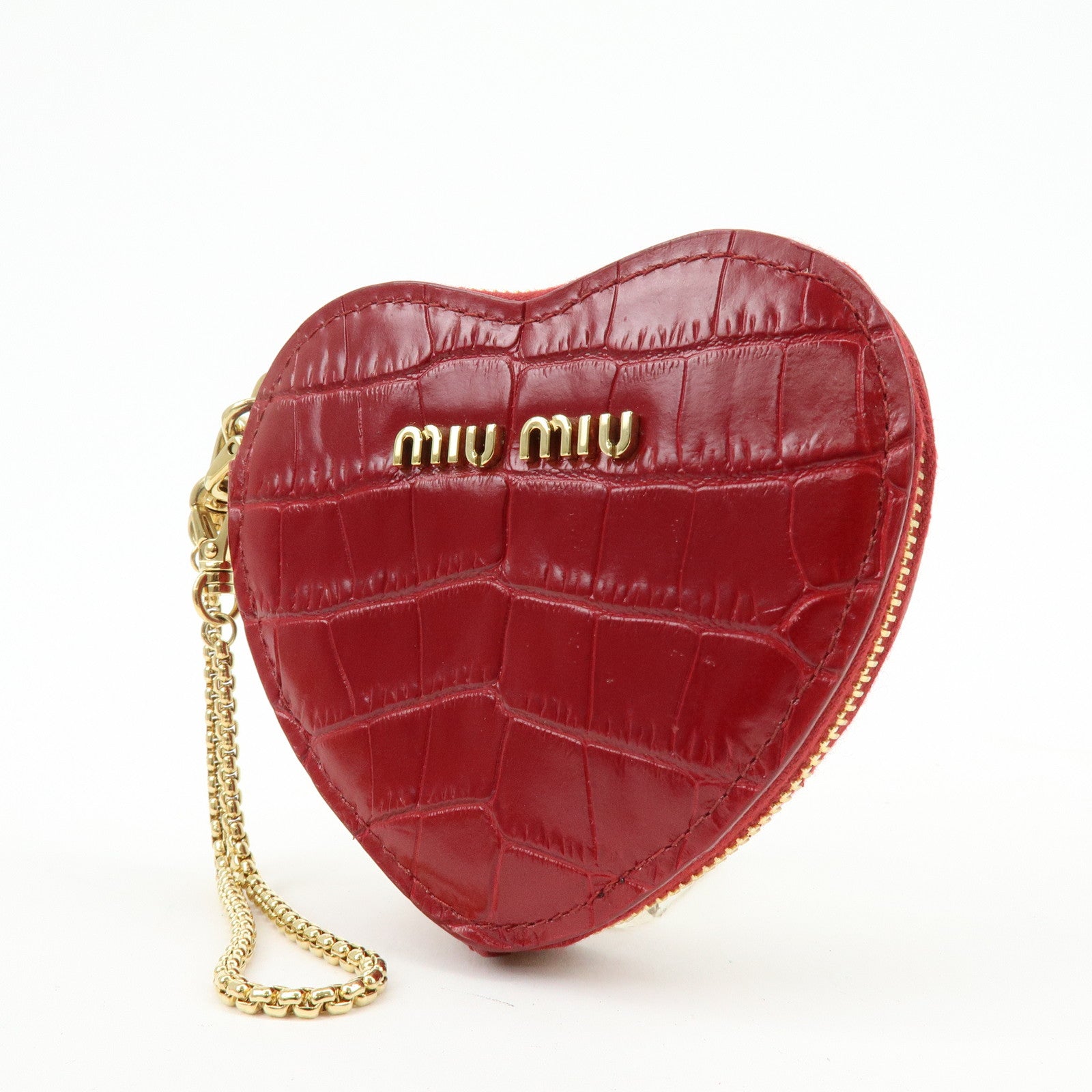 MIU MIU Embossed Leather Coin Case Bag Charm Heart Motif Red 5TL358