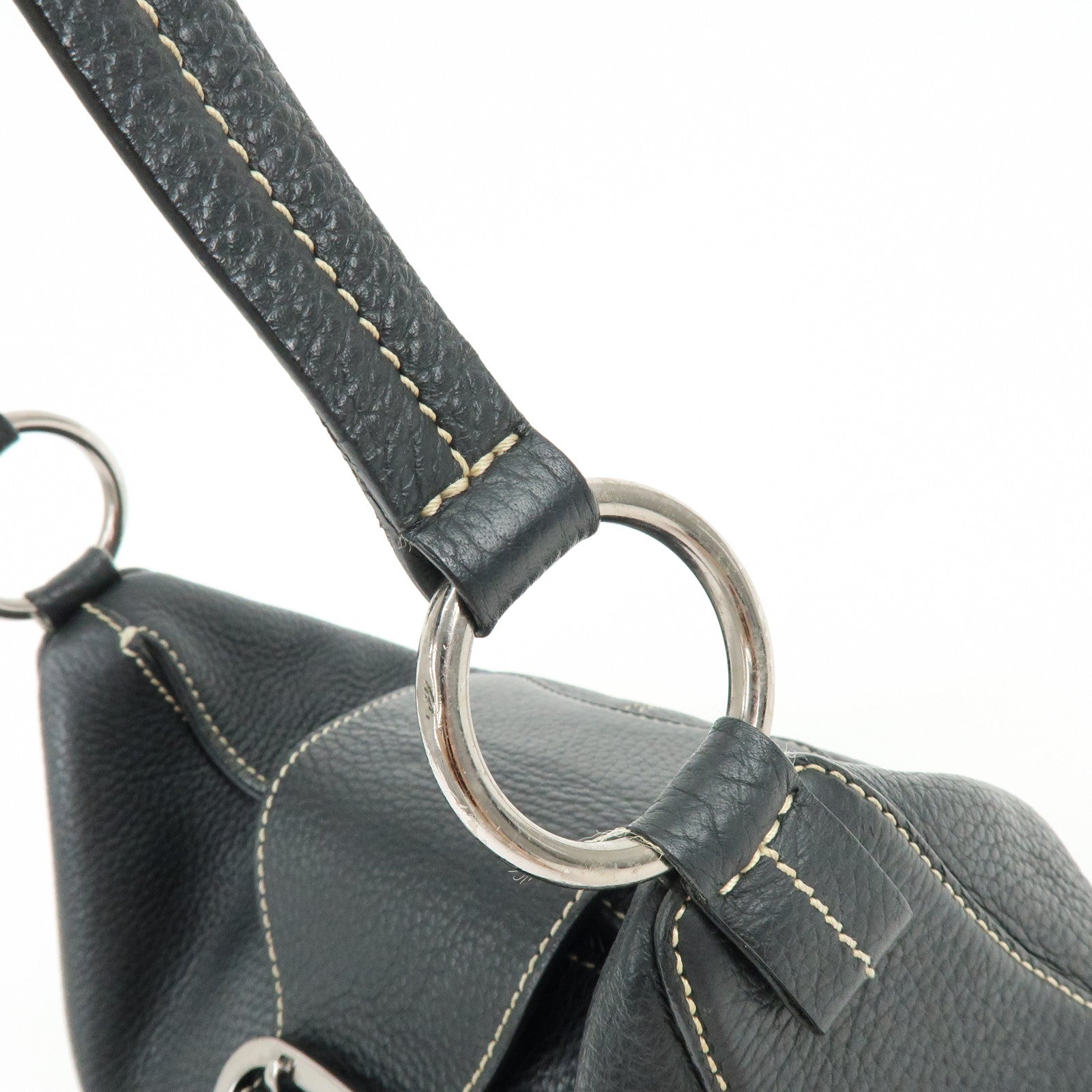 TOD'S Leather Stitched Buckle Hand Bag Shoulder Bag Black