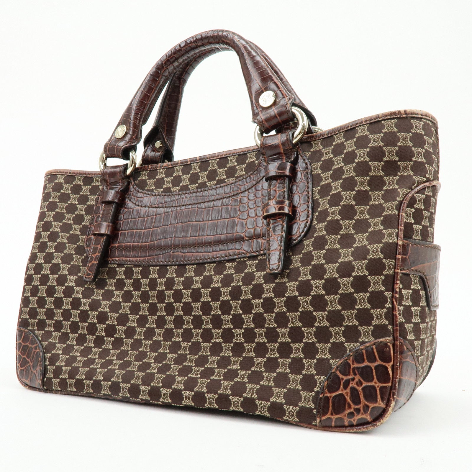 CELINE Macadam Boogie Bag Embossed Leather Canvas Hand Bag Brown