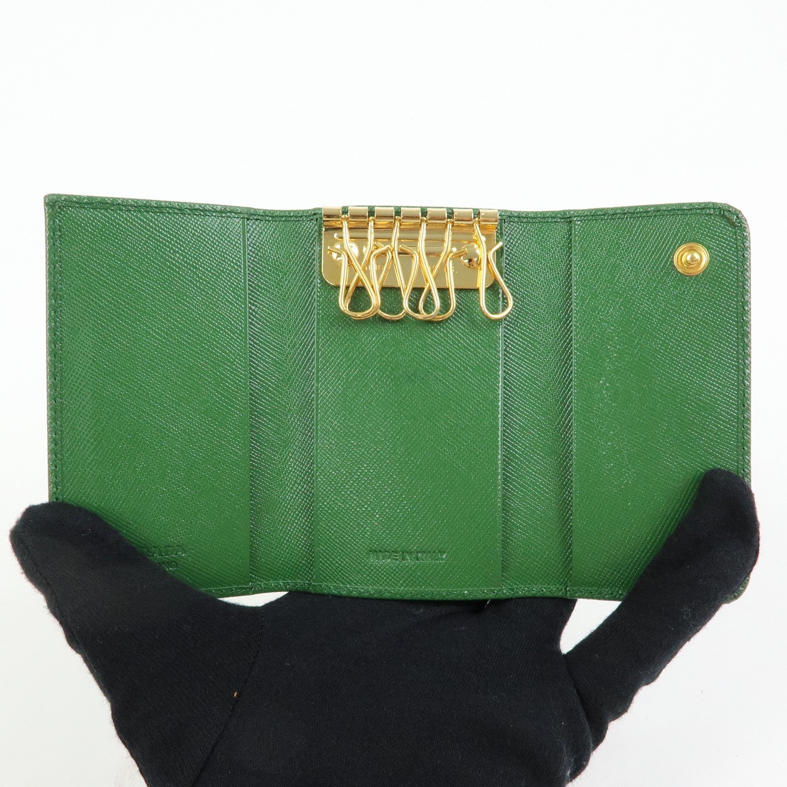 PRADA Logo Saffiano Leather 6 Rings Key Case Key Holder Green 1M0222
