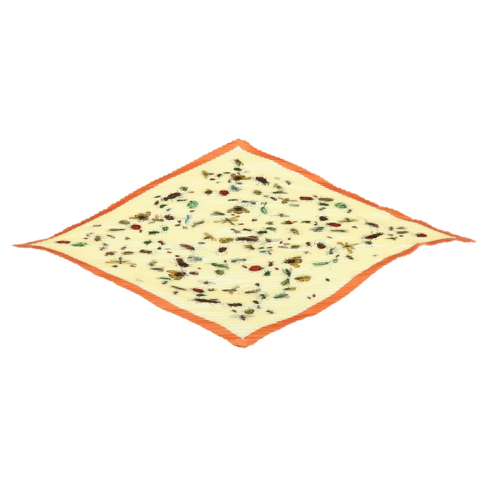 HERMES Pleats Carre Silk 100% Scarf LES INSECTES Cream Orange