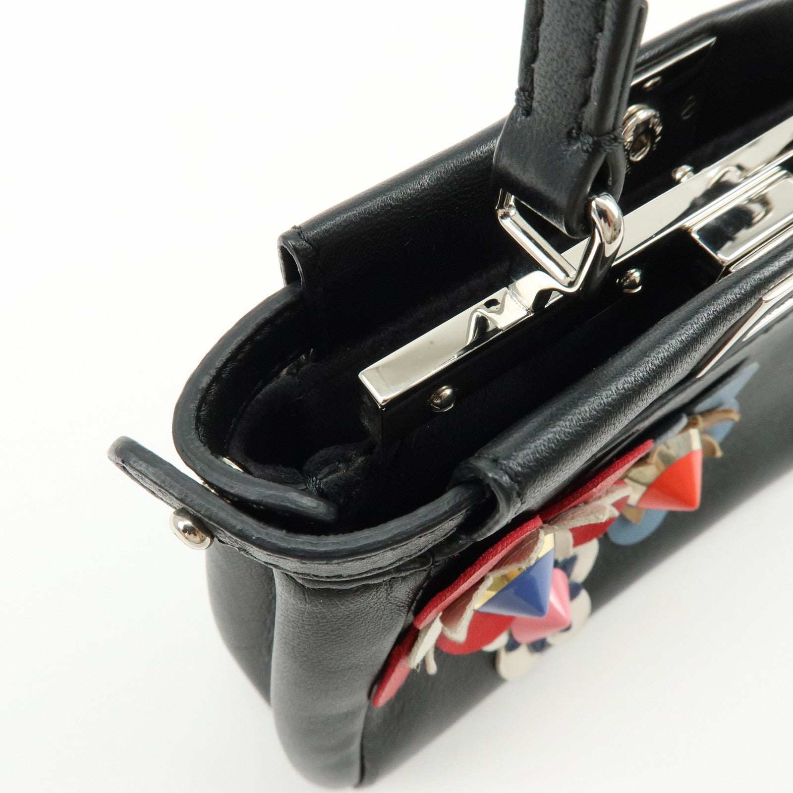 FENDI Micro Peekaboo Leather Flower Motif 2Way Hand Bag Black 8M0355