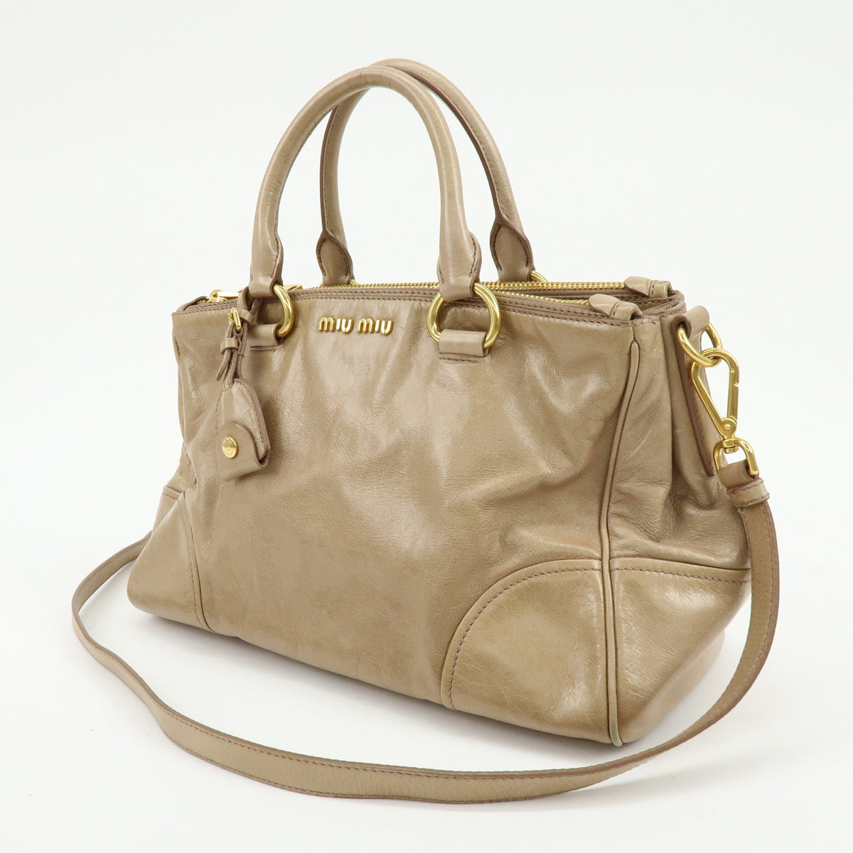 MIU MIU Leather 2Way Bag Hand Bag Shoulder Bag Key Ring Beige RN1127