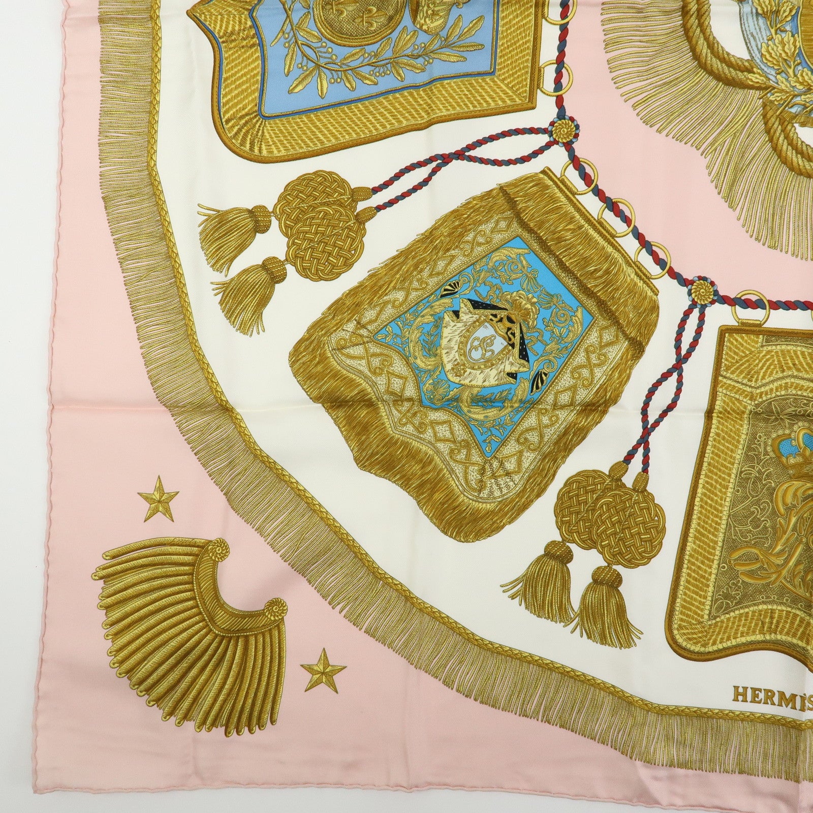 HERMES Carre 90 Silk 100% Scarf Poste et Cavalerie Light Pink Gold