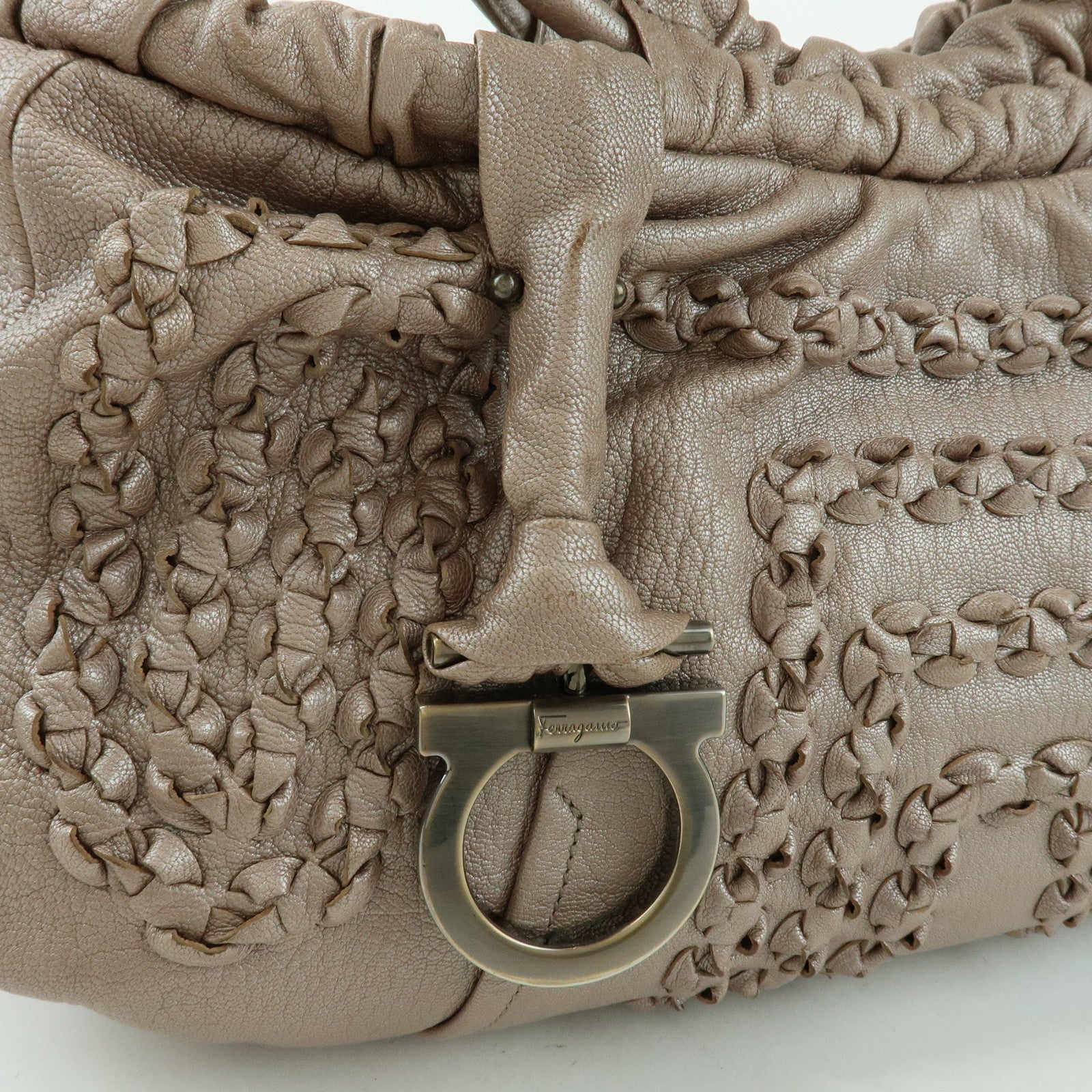Ferragamo Gancini Leather Hand Bag Shoulder Bag Braid Pink Beige