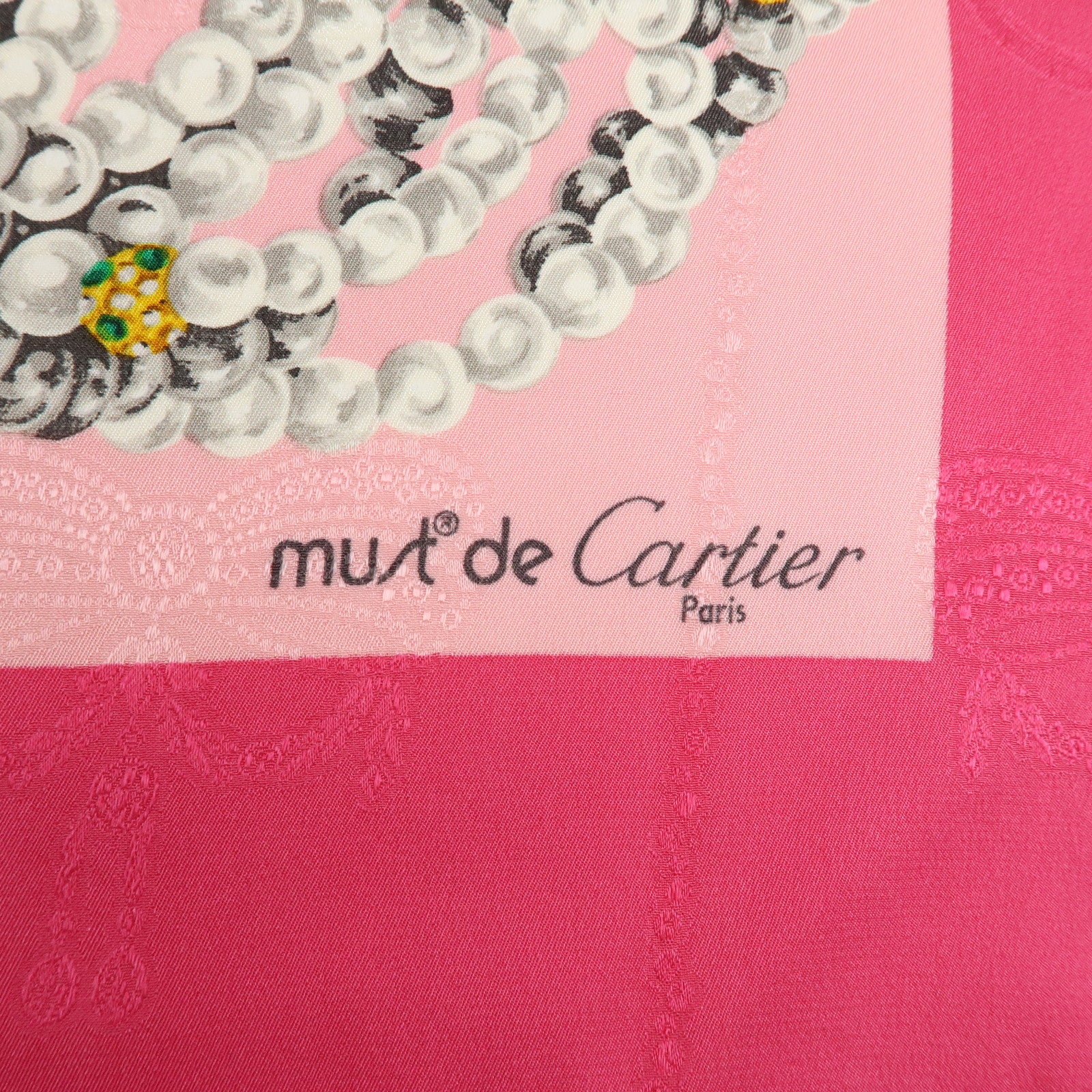 Cartier Silk 100% Scarf Jeweled Panther Motif Pink Green