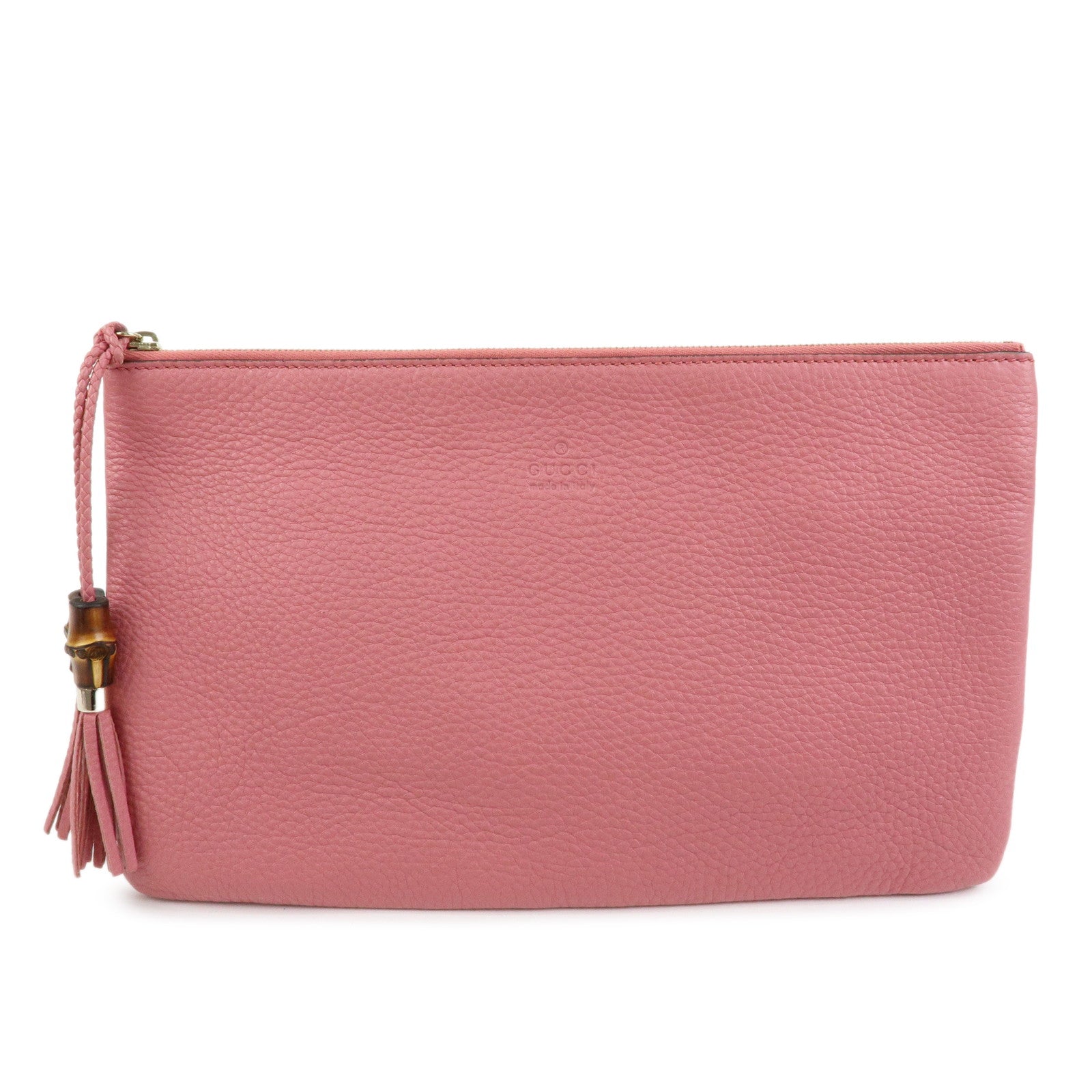 GUCCI Bamboo Leather Clutch Bag Pouch Tassel Charm Pink 376858