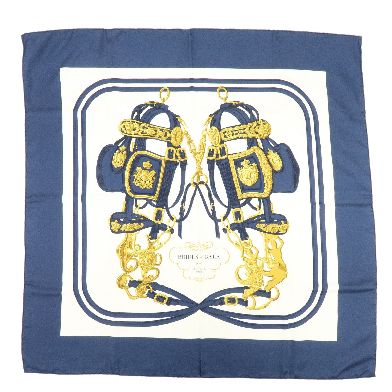 HERMES Carre 90 Silk 100% Scarf BRIDES DE GALA Navy White Gold