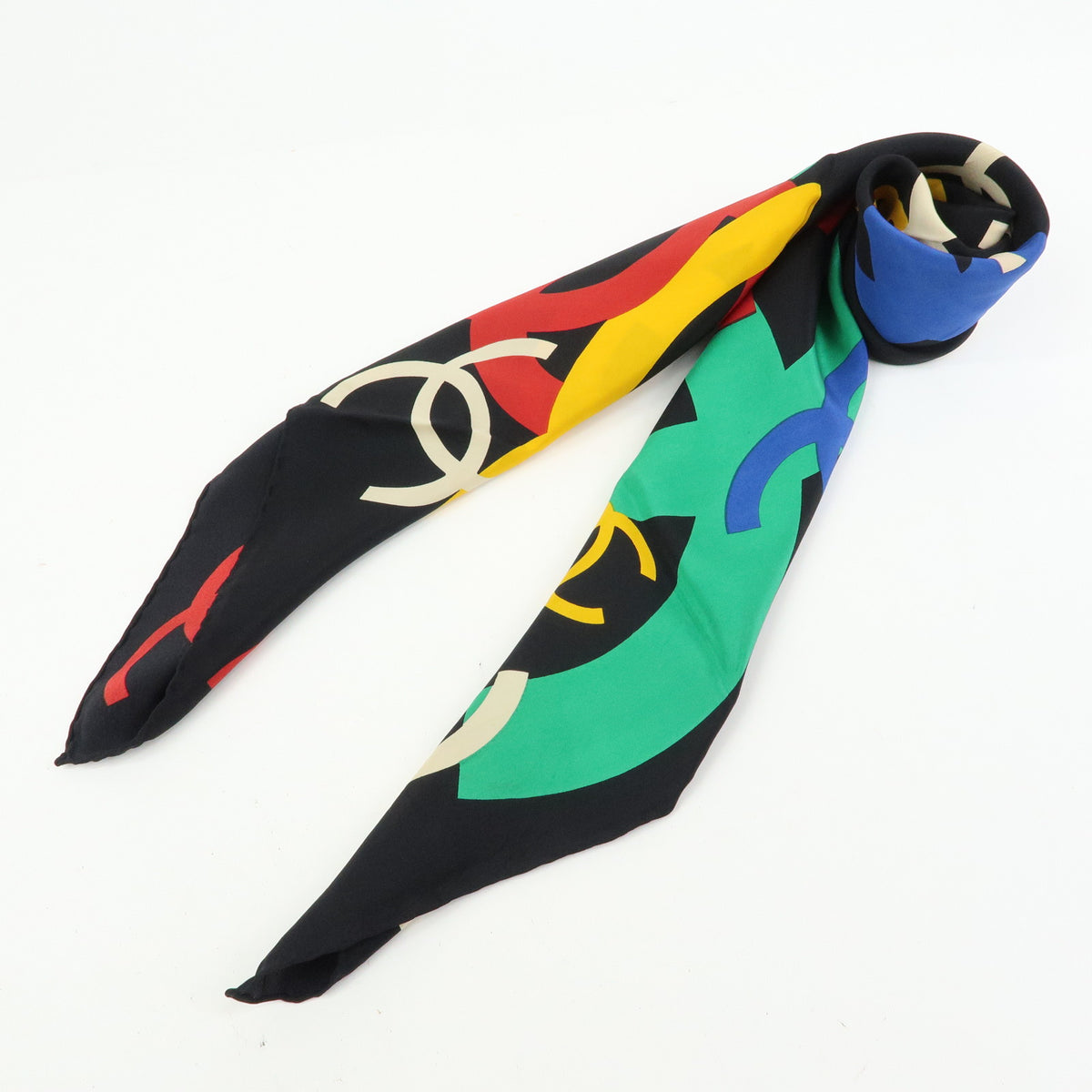 CHANEL COCO Mark Silk 100% Scarf Shawl Black Multicolor
