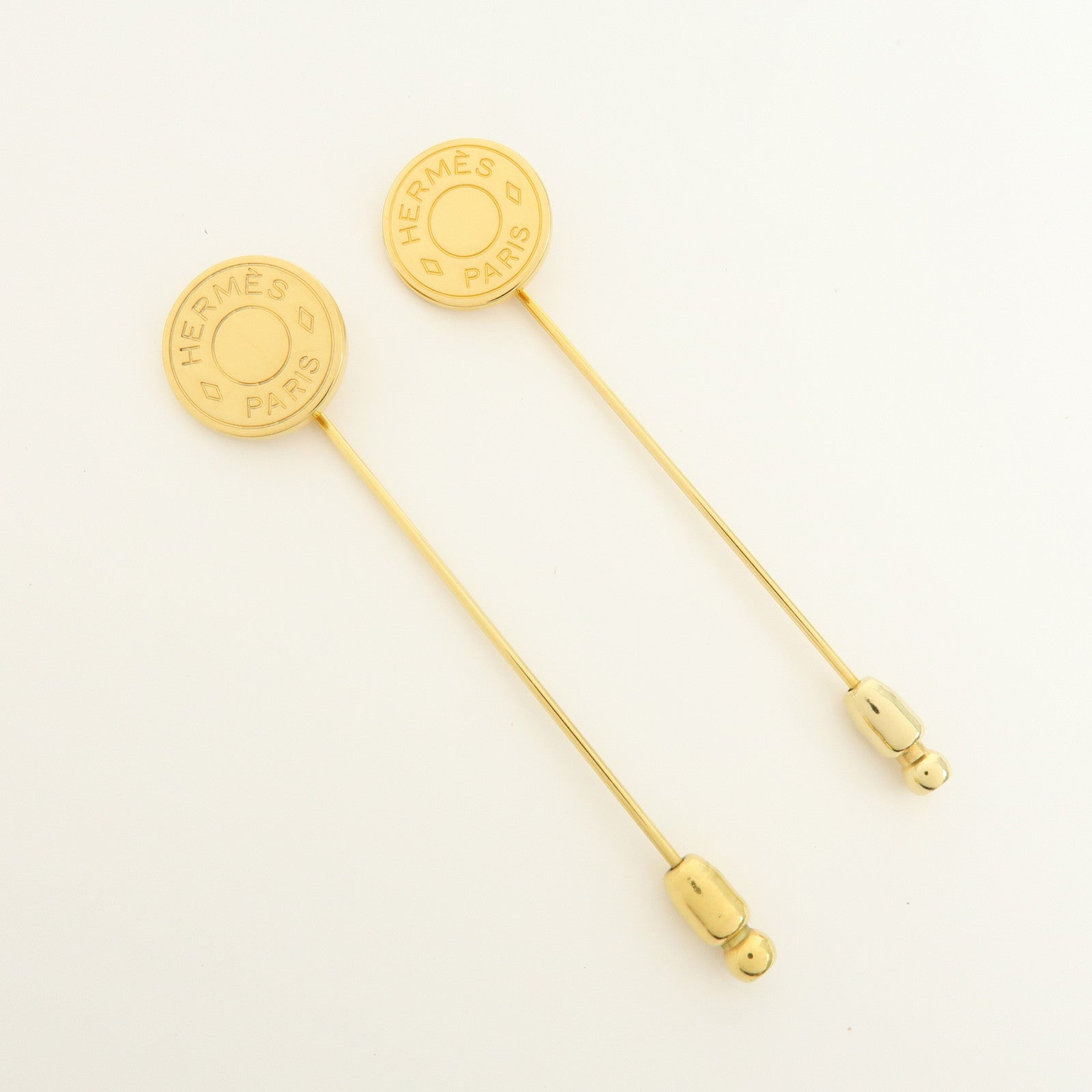 HERMES Set of 2 Sellier Metal Pin Brooch Gold