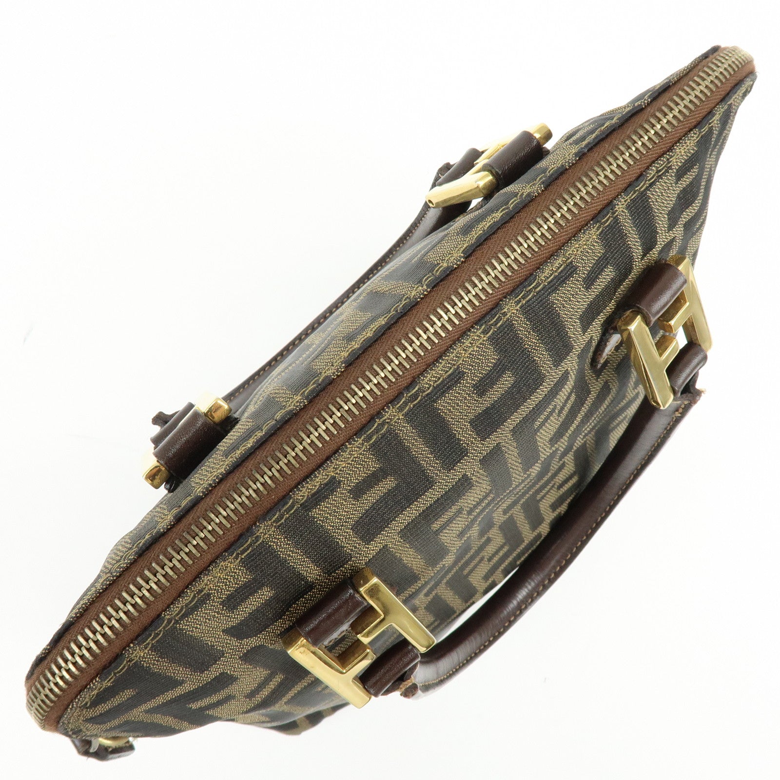 FENDI Zucca Canvas Leather 2Way Bag Hand Bag Shoulder Bag Brown Black