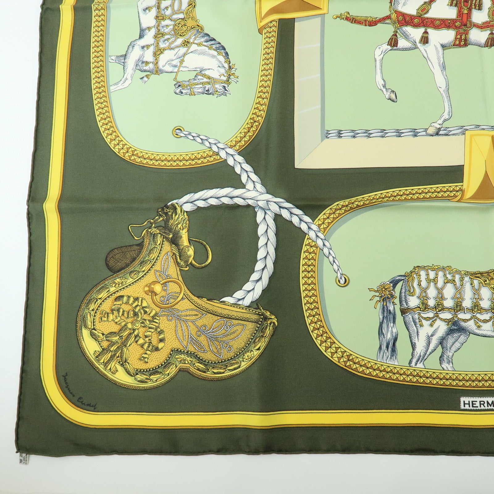 HERMES Carre 90 Silk 100% Scarf GRAND APPARAT Khaki Gold Green