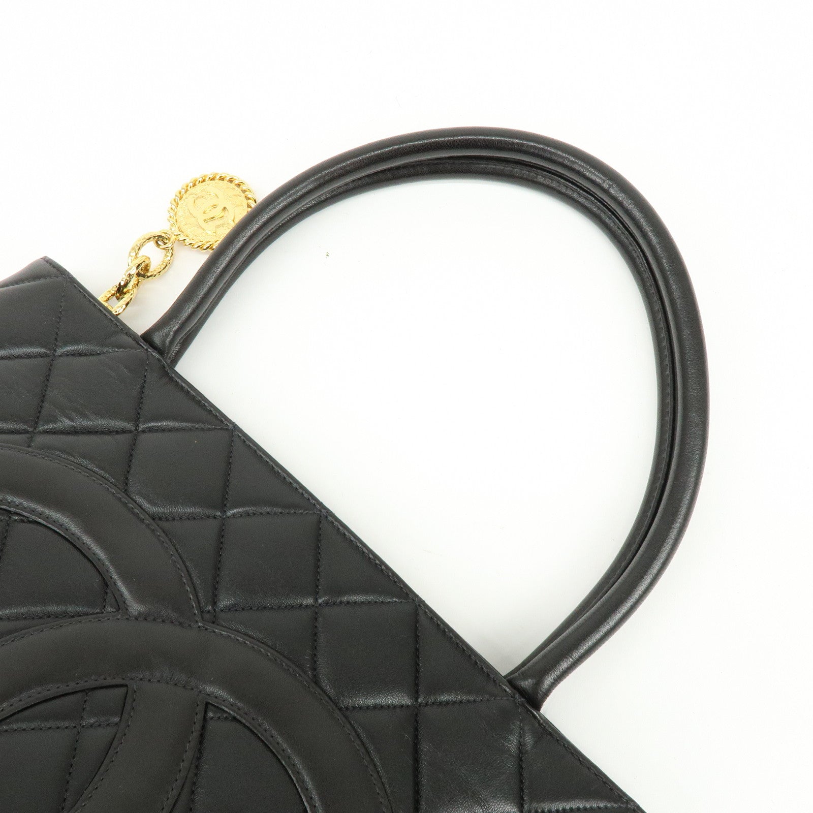 CHANEL Matelasse COCO Mark Calf Skin Medallion Tote Bag Black A01804