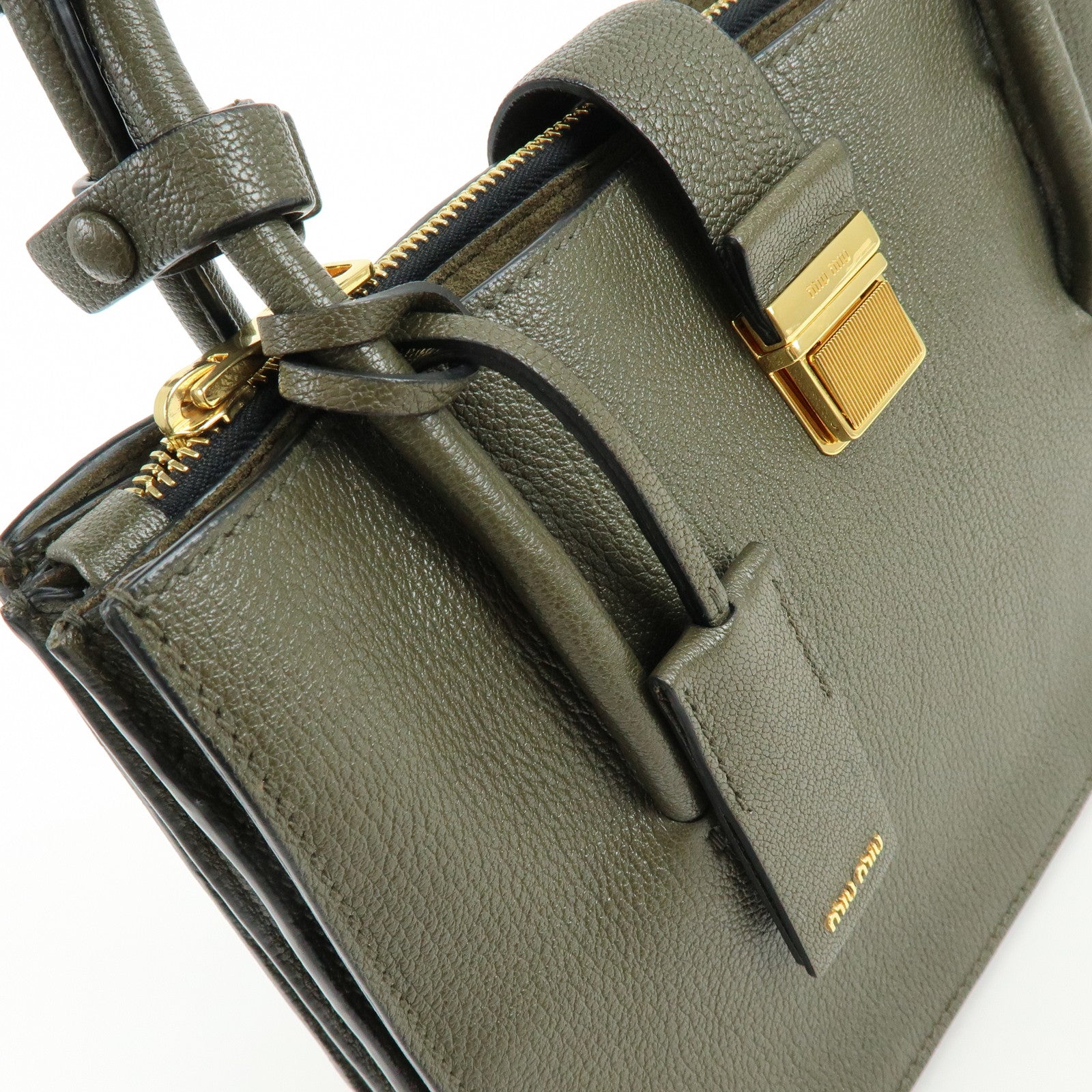 MIU MIU Madras Leather 2Way Bag Hand Bag Shoulder Bag Khaki 5BA104