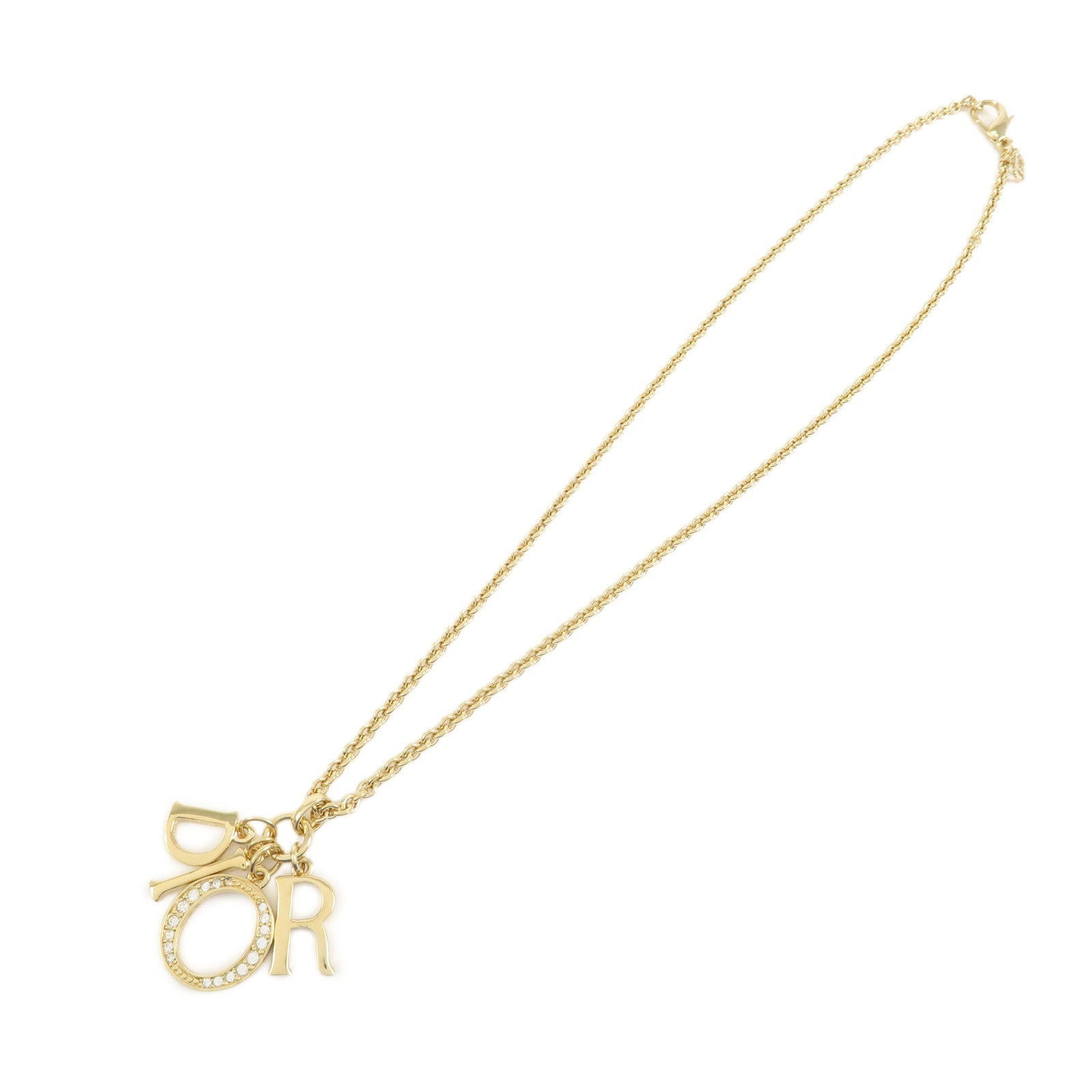 Christian Dior Logo Metal Rhinestone Pendant Necklace Gold