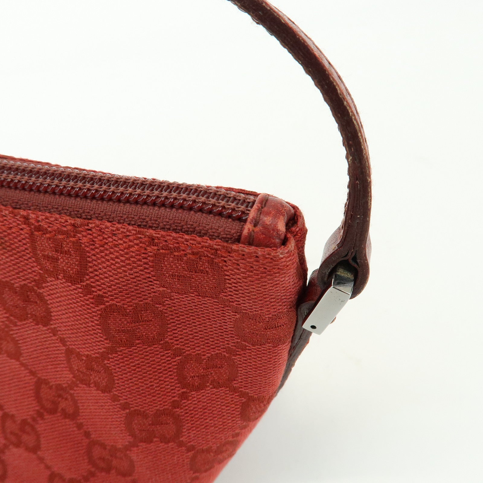 GUCCI Boat Bag GG Canvas Leather Accessory Pouch Hand Bag Red 07198