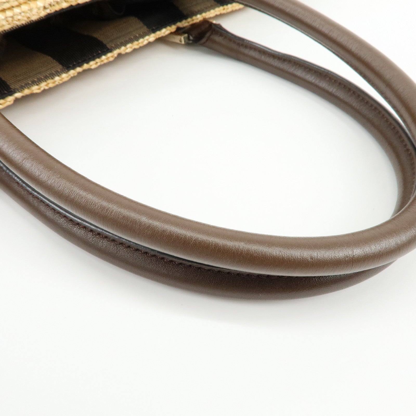 FENDI Pequin Raffia Leather Tote Bag Shoulder Bag Brown Natural