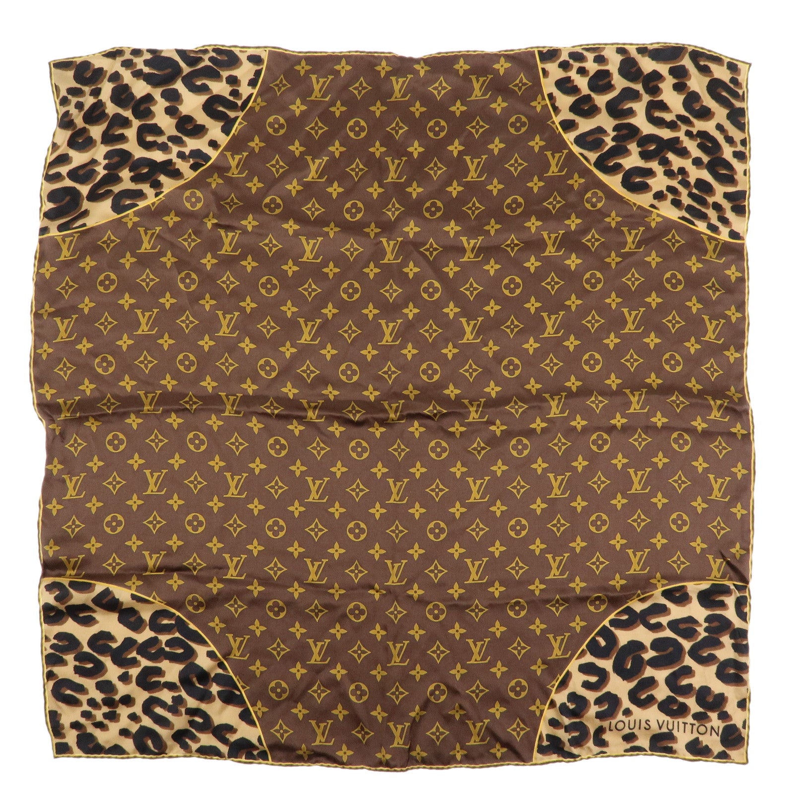 Louis Vuitton Monogram Silk 100% Scarf Shawl Leopard Pattern Brown