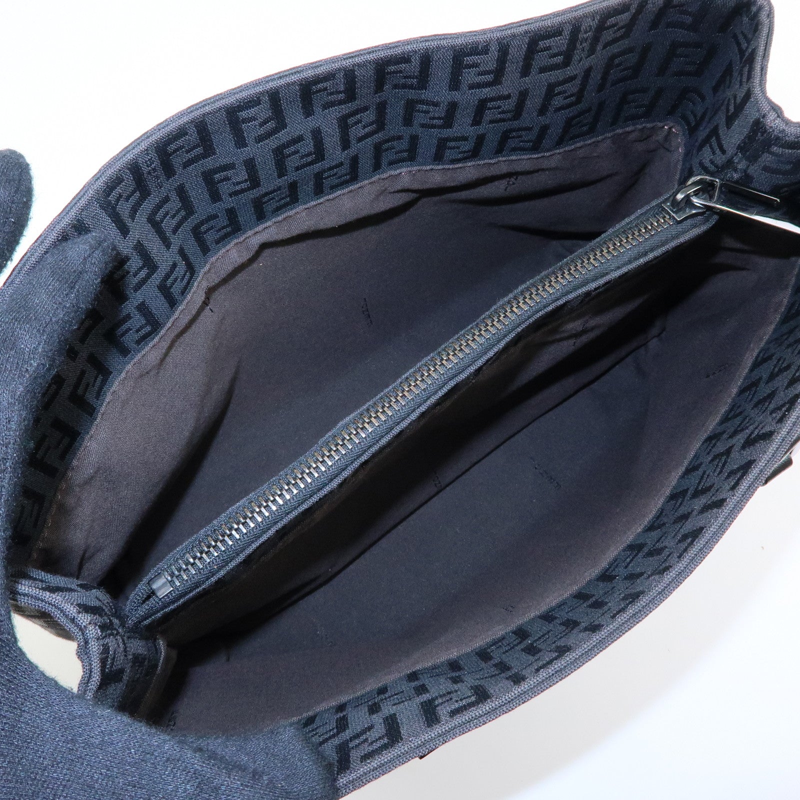 FENDI Zucchino Canvas Leather Hand Bag Tote Bag Black 8BH132